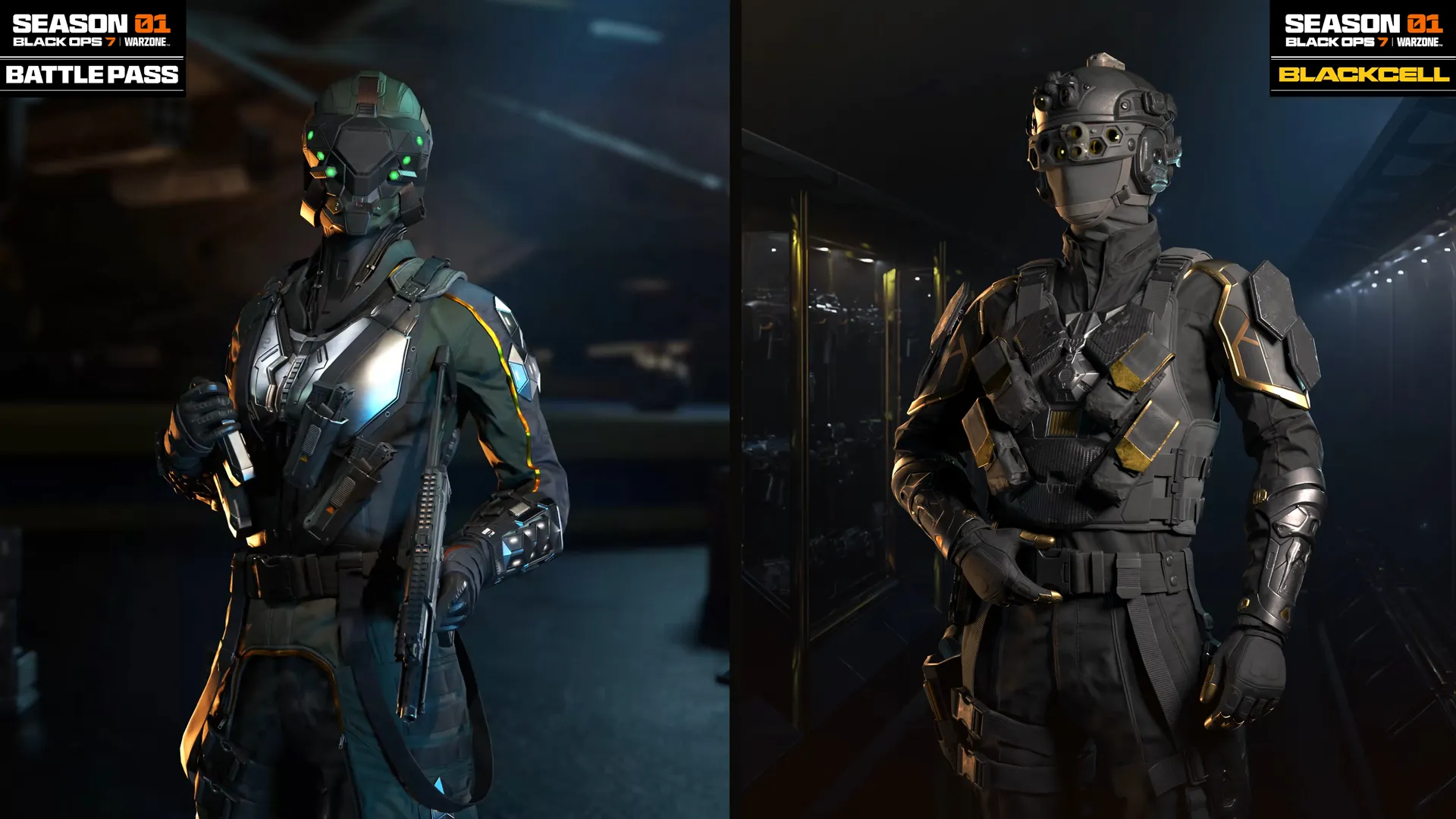 Showcase of Season 01 Battle Pass operators from Call of Duty: Black Ops 7 and Warzone, featuring new gear and skins.