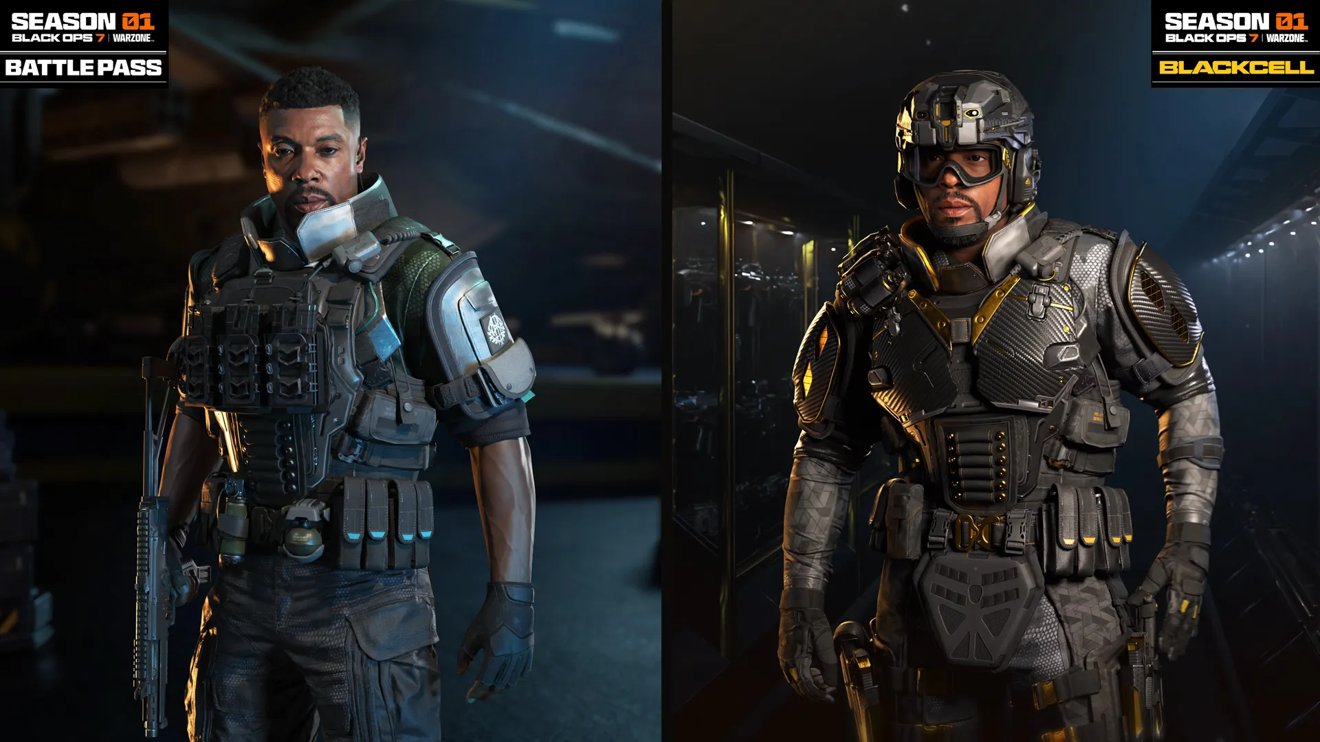 Two military operators from Call of Duty®: Black Ops 7 showcase the Season 01 Battle Pass featuring new rewards and content.