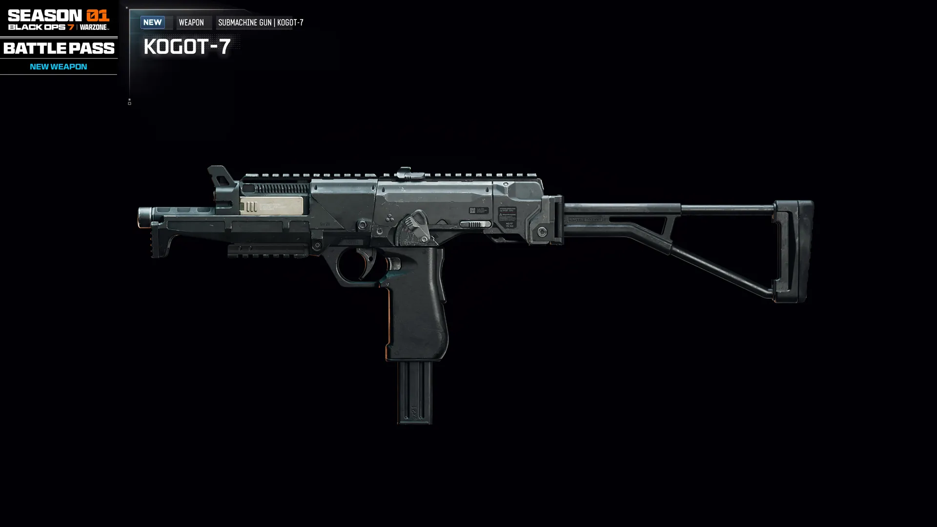 Showcase of the KOGOT-7 weapon from Season 01 Battle Pass in Call of Duty: Black Ops 7 and Warzone.