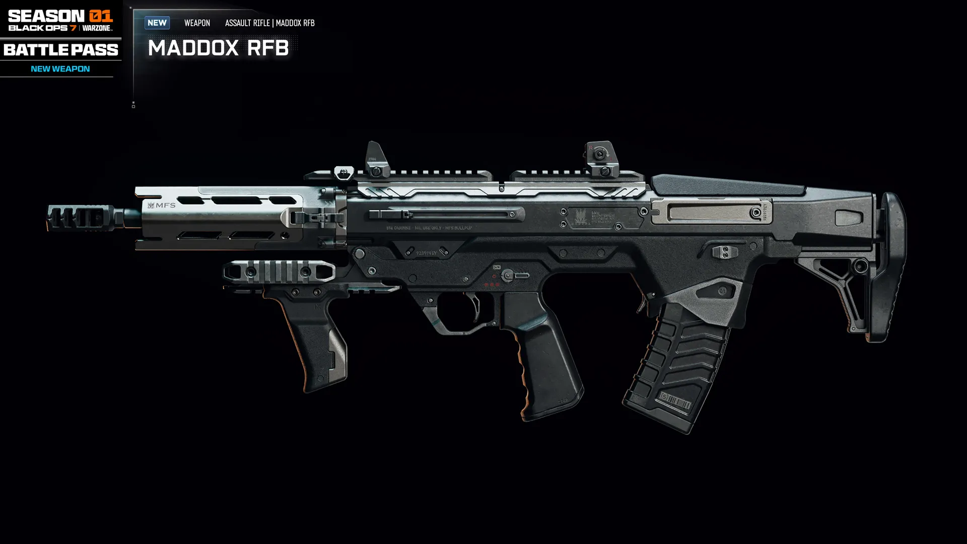 New Maddox RFB assault rifle showcased for Season 01 Battle Pass in Call of Duty: Black Ops 7 and Warzone.