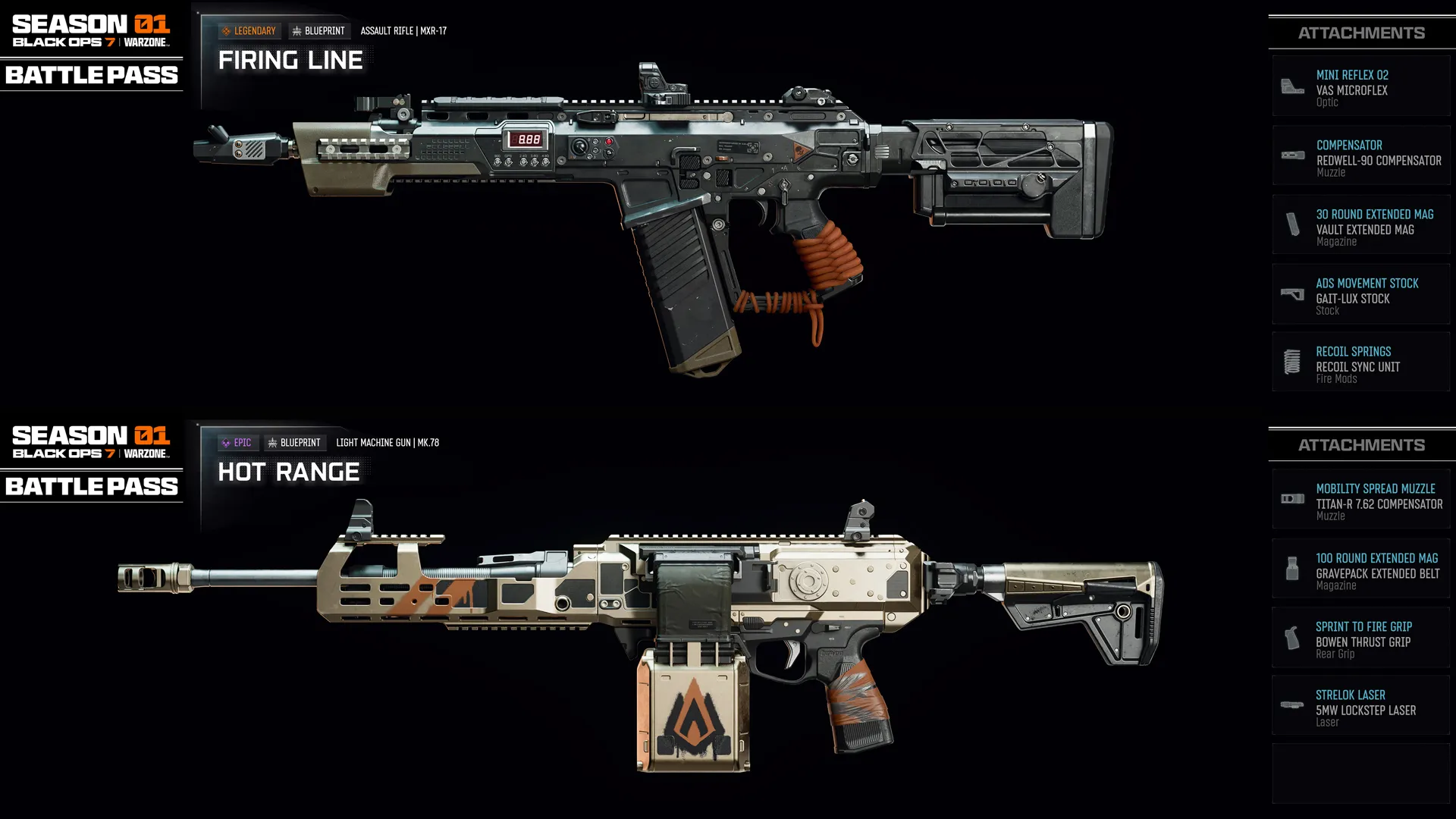 Showcase of Season 01 Battle Pass weapons: Firing Line and Hot Range from Call of Duty®: Black Ops 7 and Warzone™.