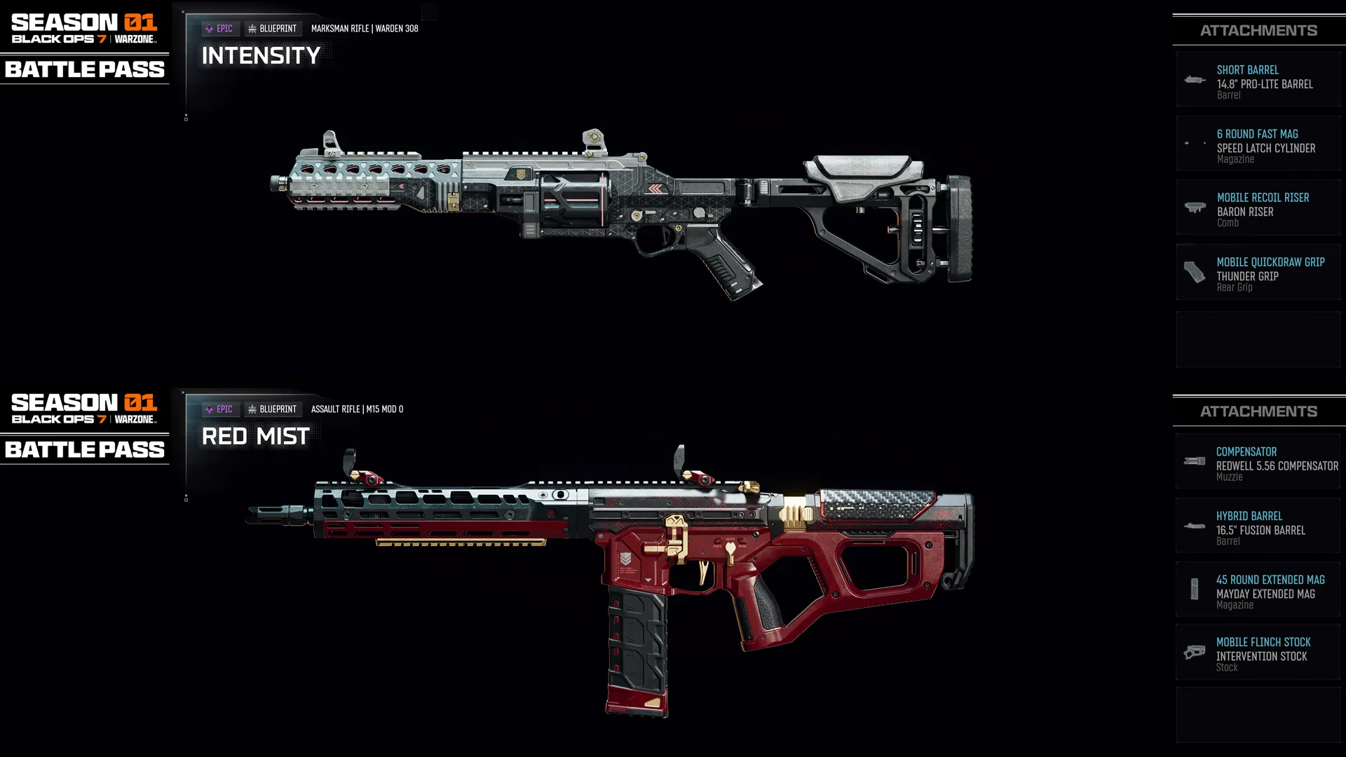 Season 01 Battle Pass for Call of Duty®: Black Ops 7 features new weapons, including Intensity and Red Mist.