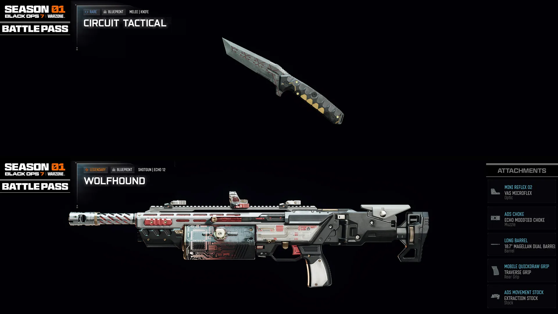 Season 01 Battle Pass for Call of Duty: Black Ops 7 features tactical knife and Wolfhound weapon, offering new skills and ...