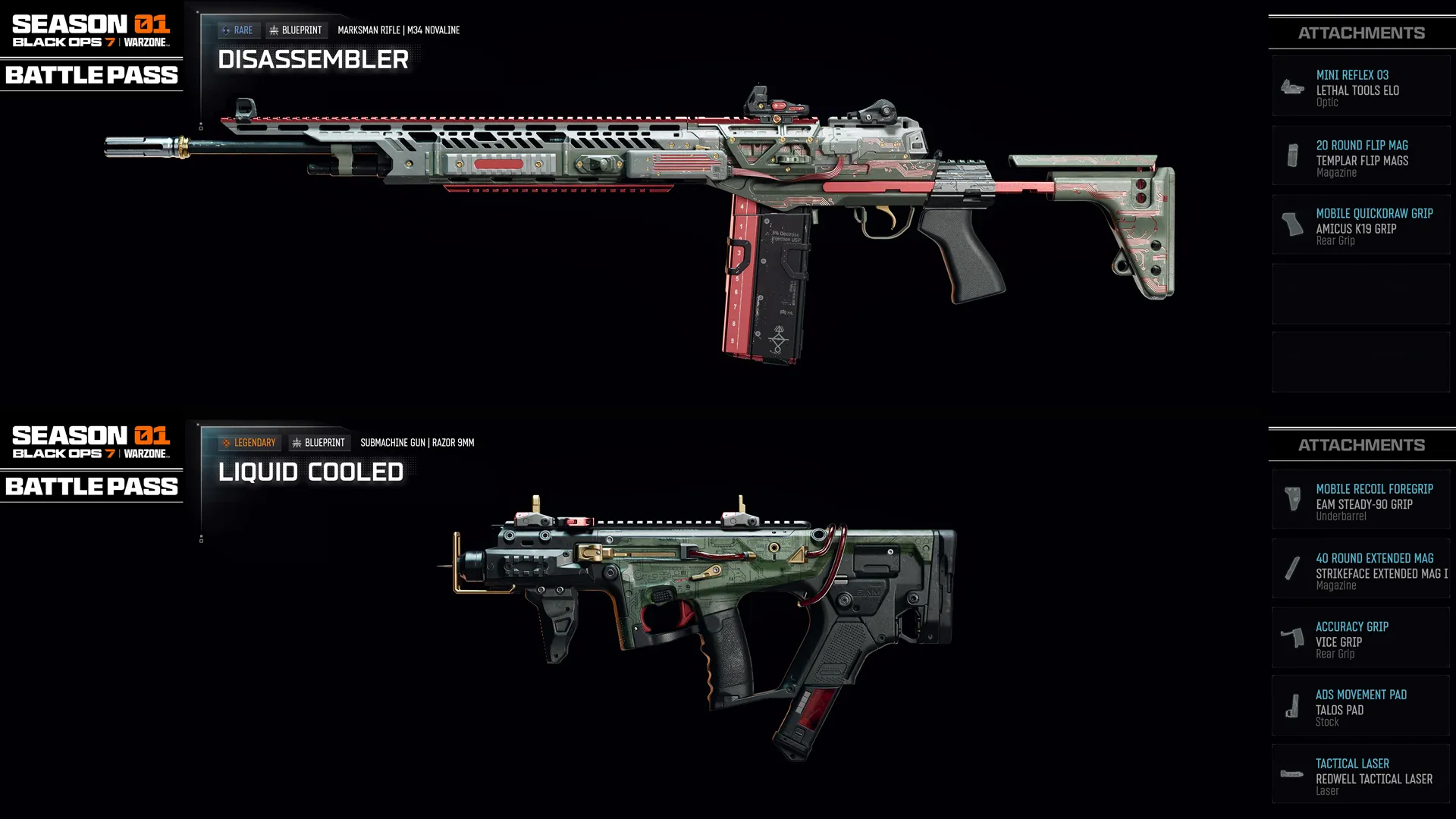 Season 01 Battle Pass weapons in Call of Duty: Black Ops 7 showcase new designs and upgrade options for players.