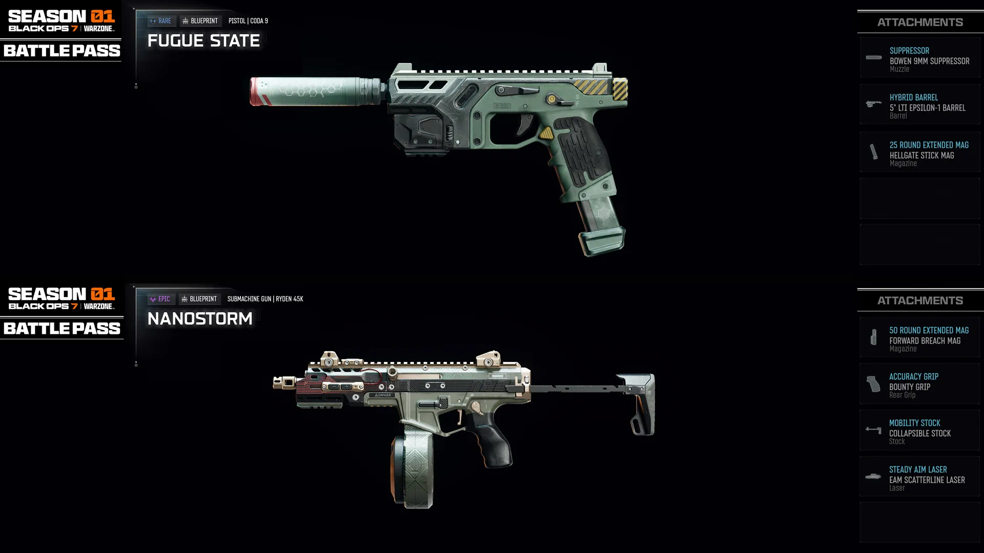 Season 01 Battle Pass features new weapons: Fugue State pistol and Nanostorm SMG. Upgrade for exclusive rewards!