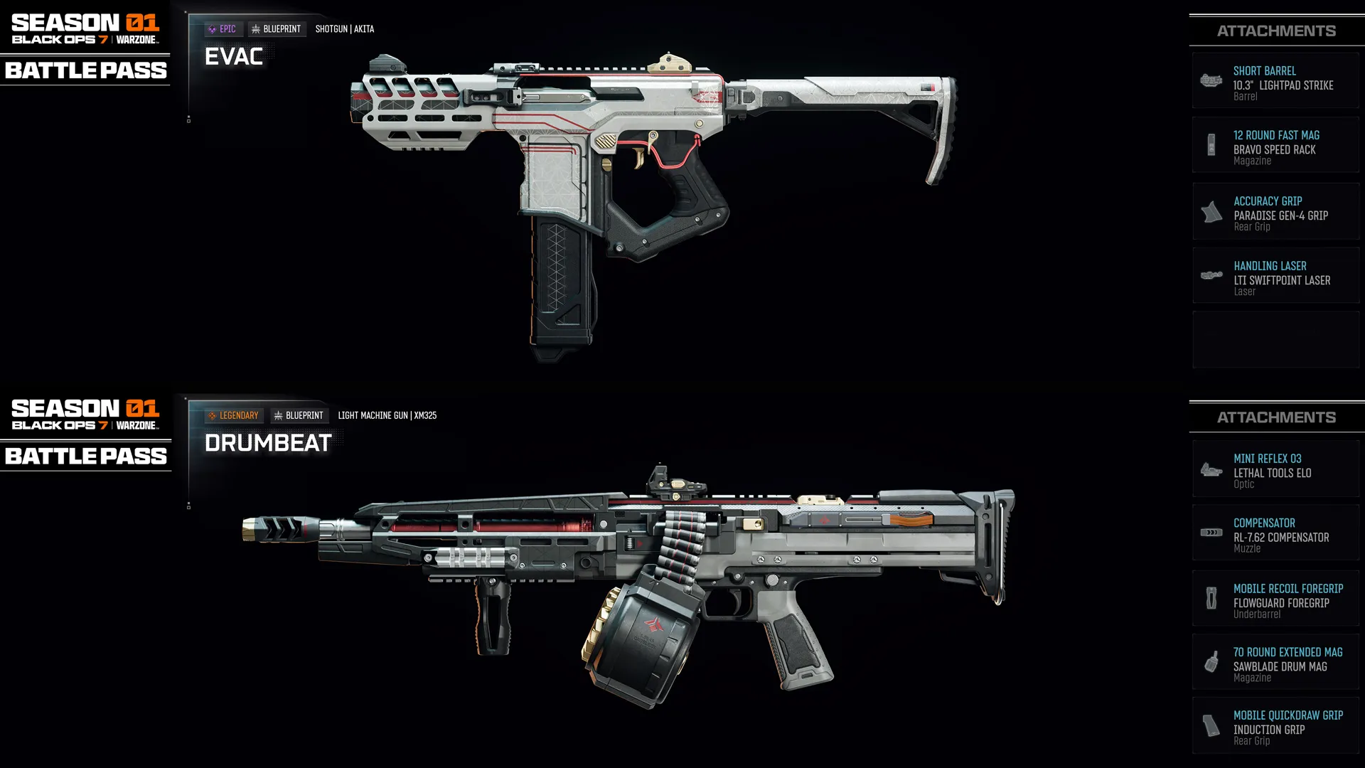 Showcase of new weapons EVAC and DRUMBEAT from Season 01 Battle Pass of Call of Duty®: Black Ops 7 and Warzone™.