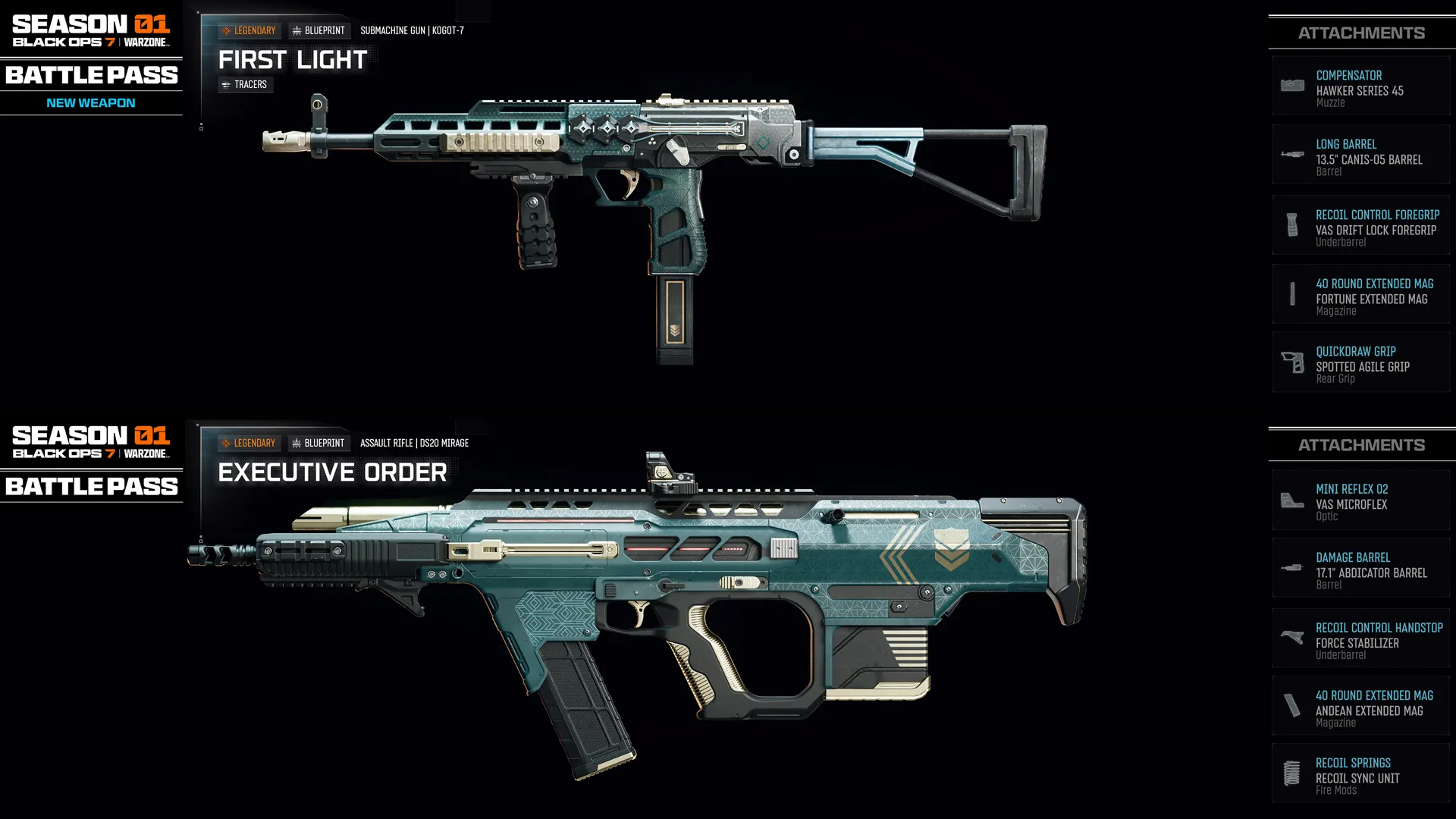 Two new weapons from the Season 01 Battle Pass for Call of Duty: Black Ops 7 and Warzone, showcasing unique designs.