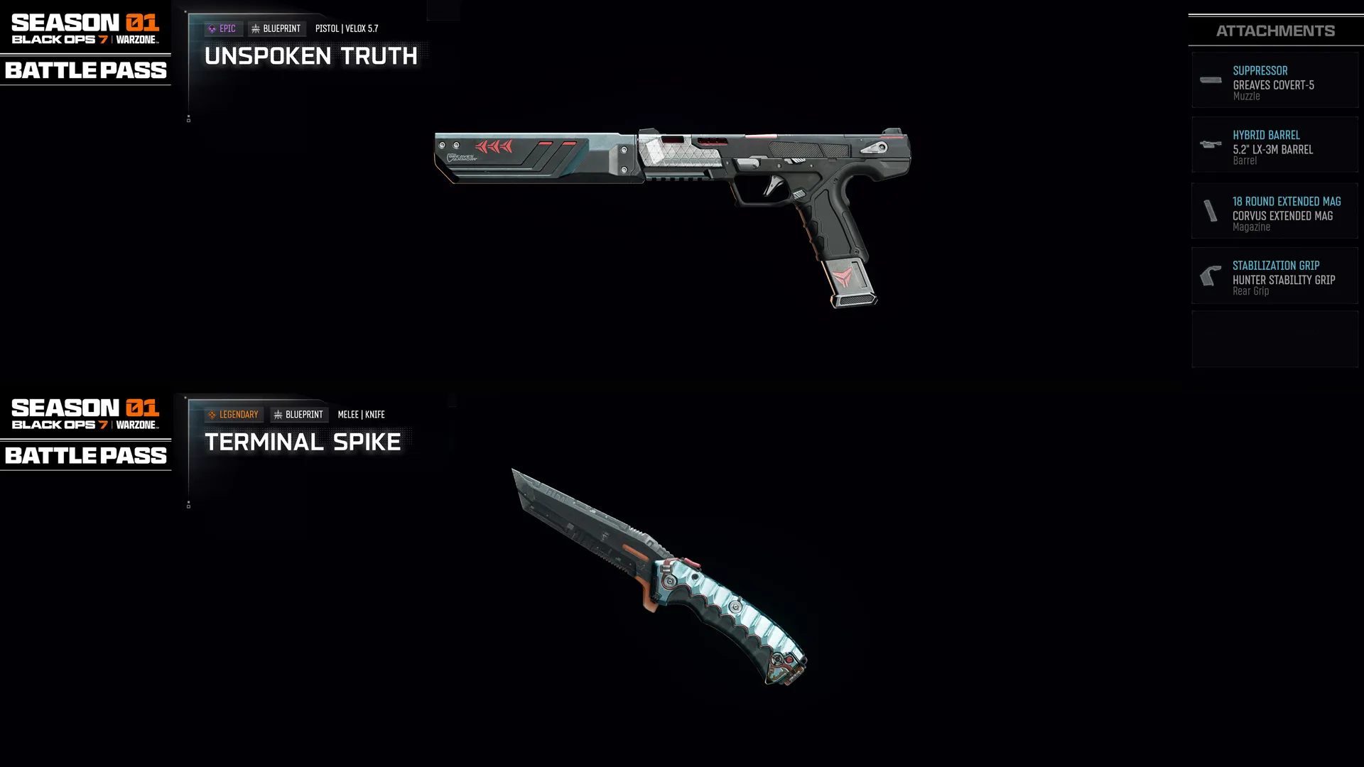 Showcase of Season 01 Battle Pass weapons: Unspoken Truth pistol and Terminal Spike knife in Call of Duty: Black Ops 7.