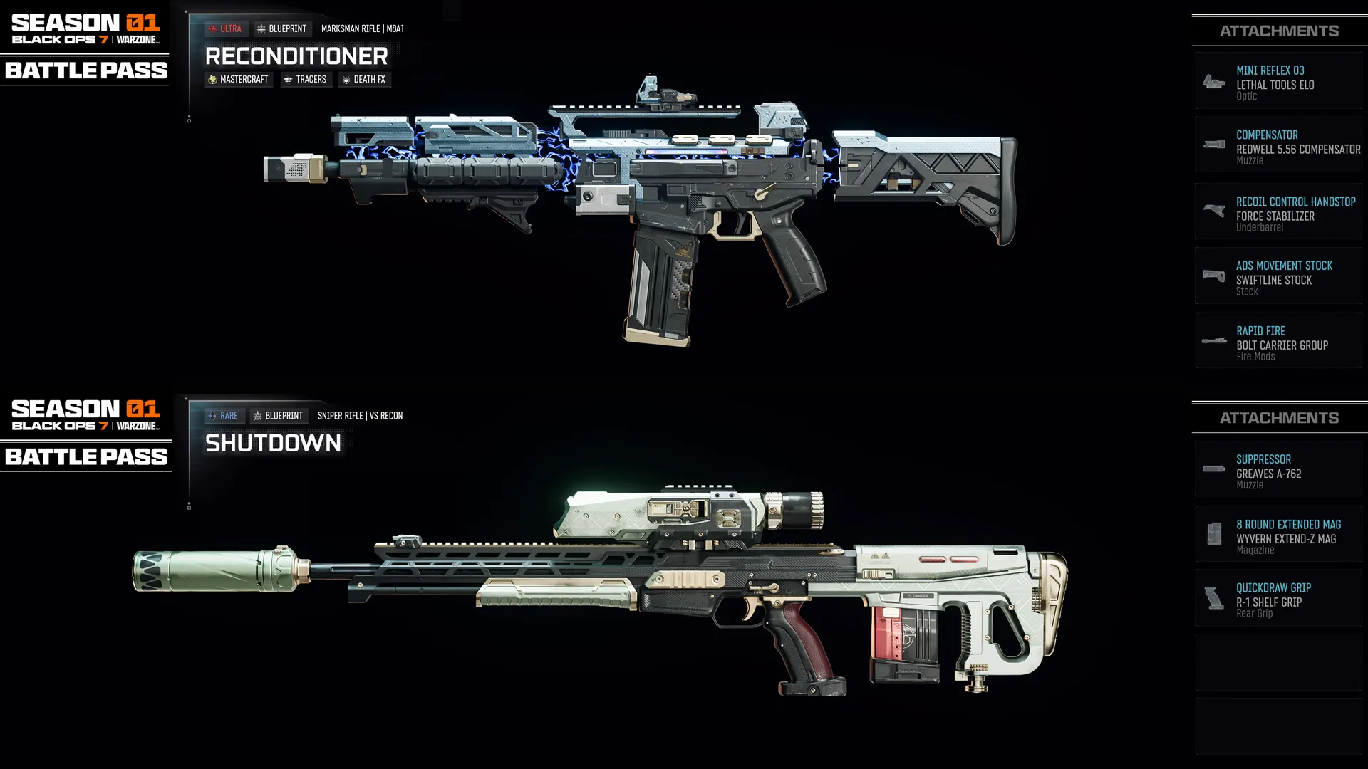 Showcase of new weapons in Call of Duty®: Black Ops 7 Battle Pass Season 01, featuring