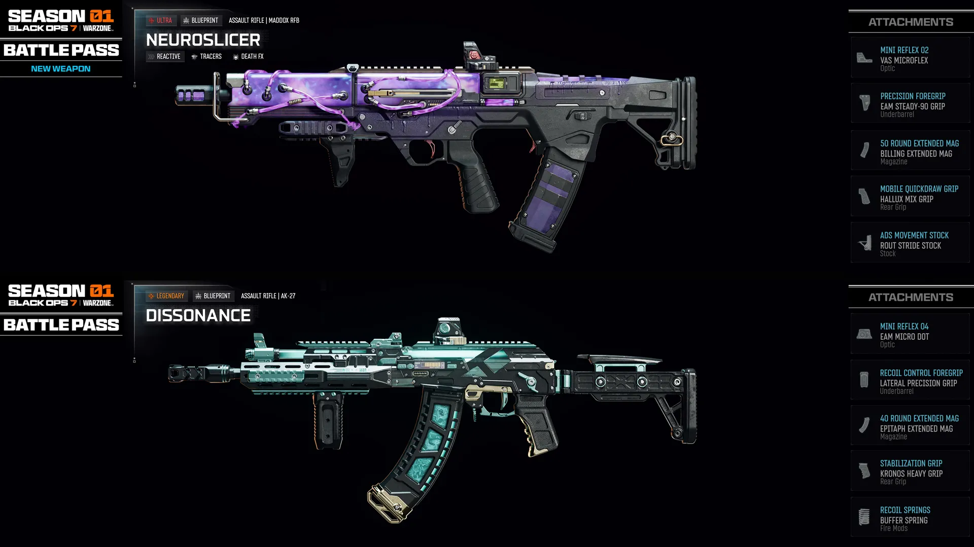 Image of Call of Duty Season 01 Battle Pass weapons: the purple Neuroslicer and teal Dissonance, showcasing new gear.