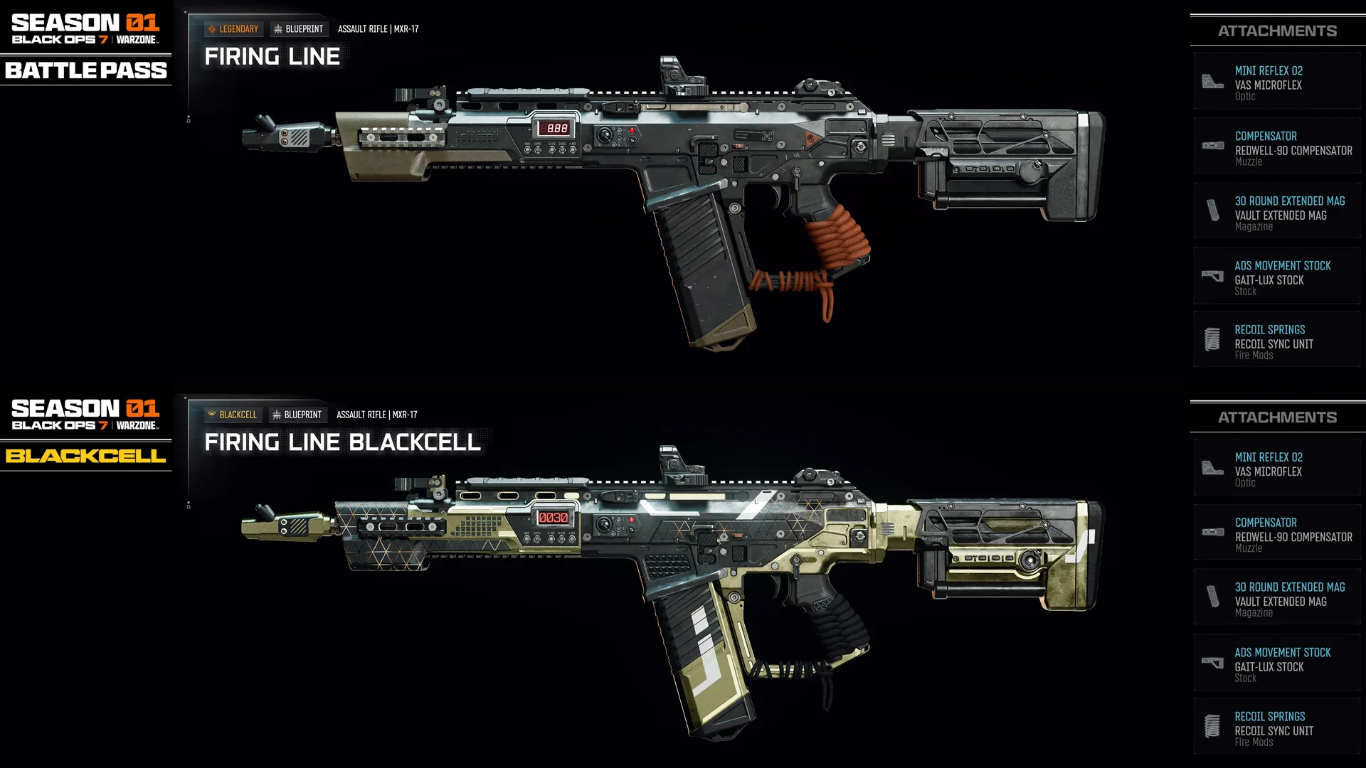 Two weapon blueprints from Season 01 Battle Pass of Call of Duty: Black Ops 7, showcasing unique designs and attachments.