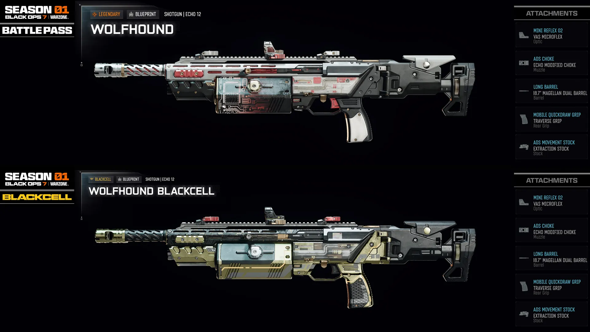 Overview of Season 01 Battle Pass weapons: Wolfhound and Wolfhound BlackCell from Call of Duty: Black Ops 7.