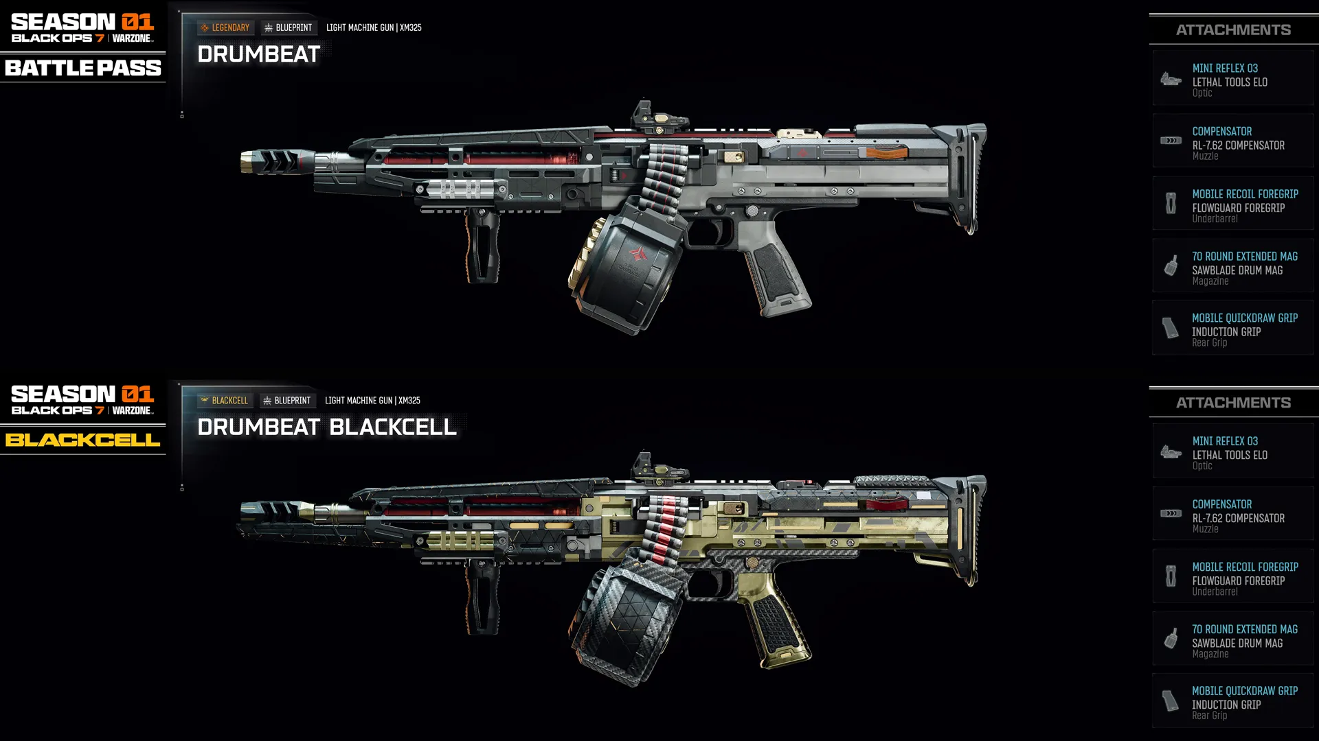 Season 01 Battle Pass for Call of Duty: Features Drumbat and Drumbat Blackcell weapon blueprints.
