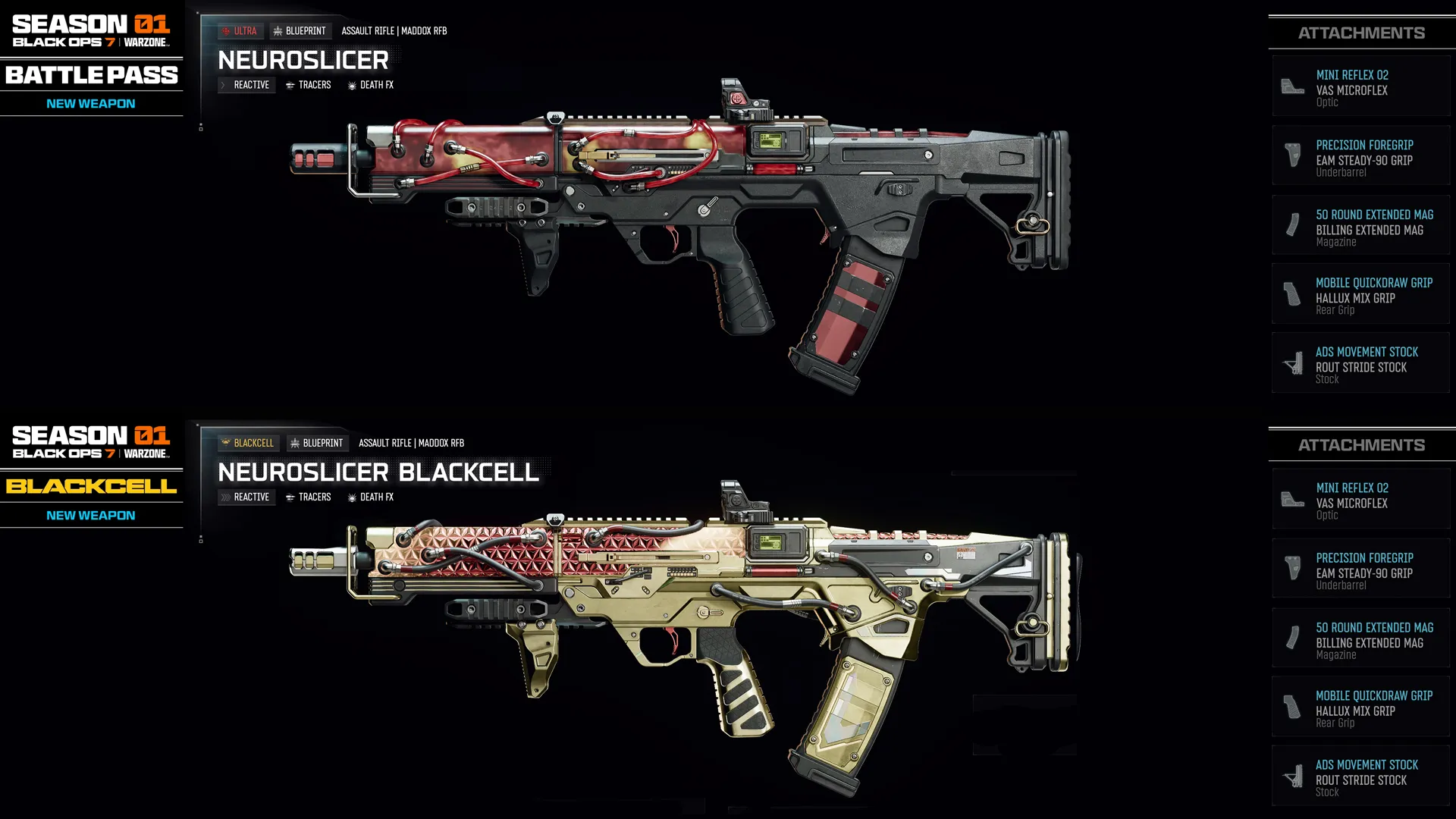 Showcasing the new Neuroslicer weapons from the Season 01 Battle Pass in Call of Duty: Black Ops 7 and Warzone.