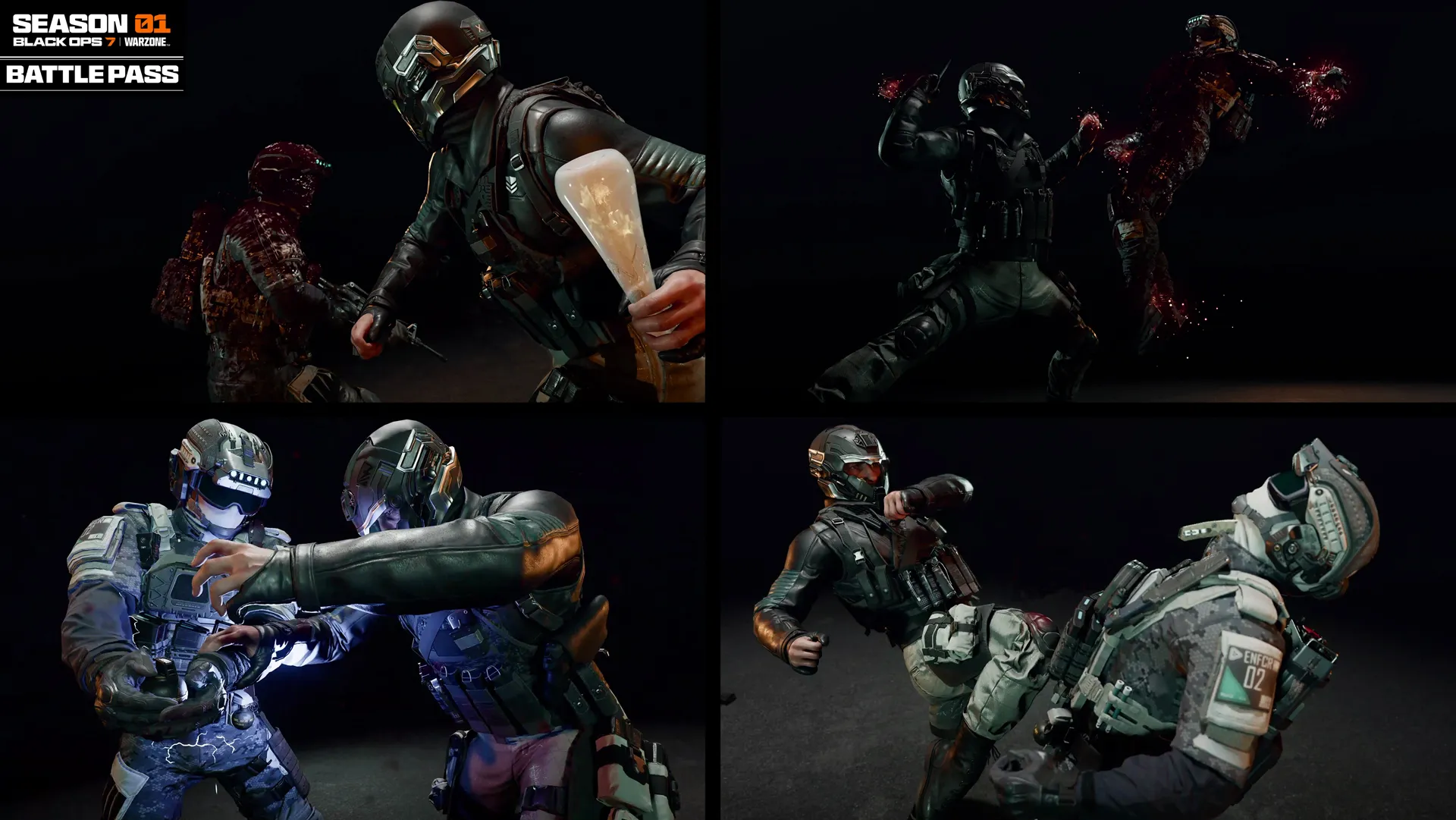 Season 01 Battle Pass showcases epic combat scenes in Call of Duty: Black Ops 7 and Warzone, featuring new operators.