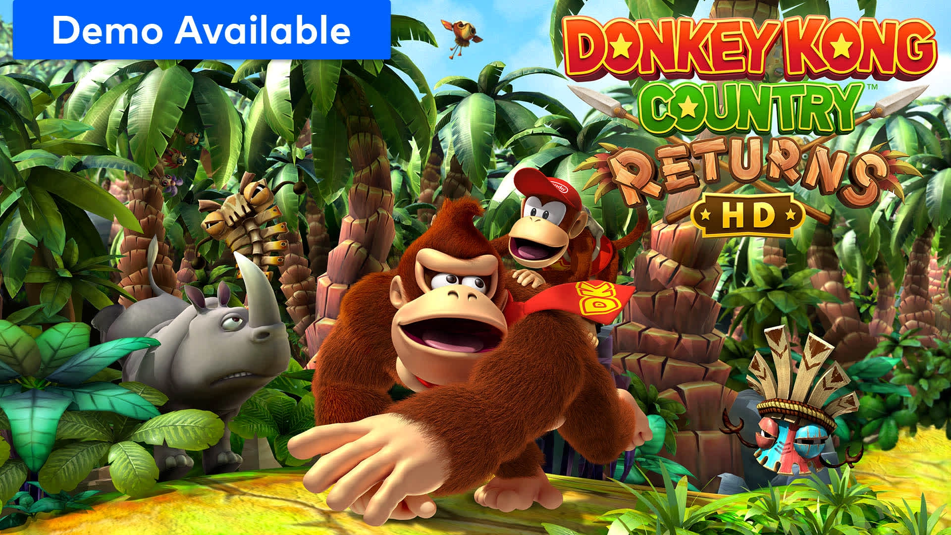 Donkey Kong and Diddy Kong in a lush jungle setting, promoting Donkey Kong Country Returns HD game demo