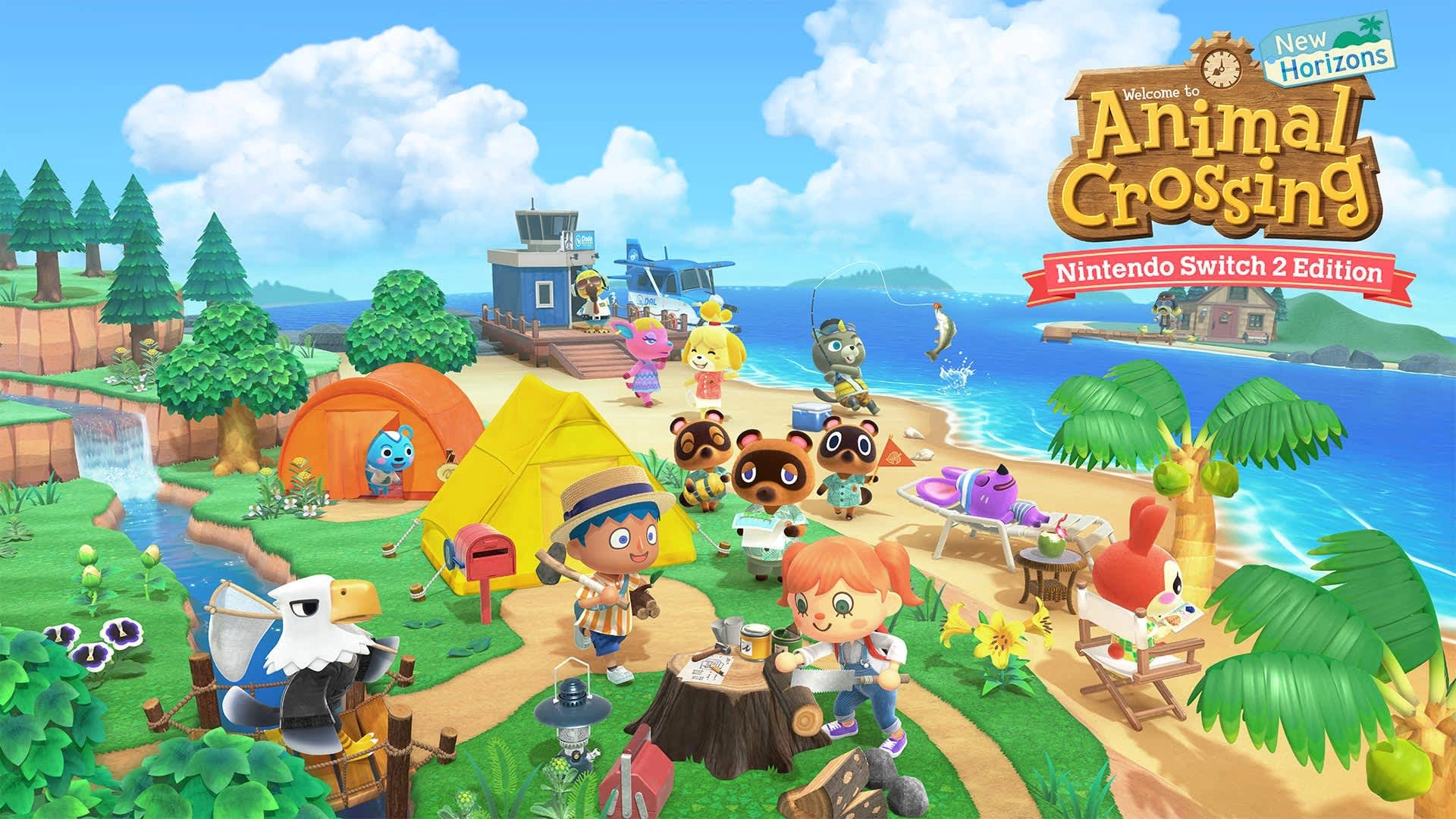 Characters from Animal Crossing: New Horizons gather on a vibrant beach with tents and ocean backdrop