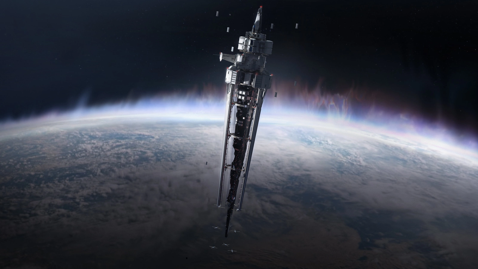 A futuristic space station orbits above a planet, set against a backdrop of stars and cosmic light