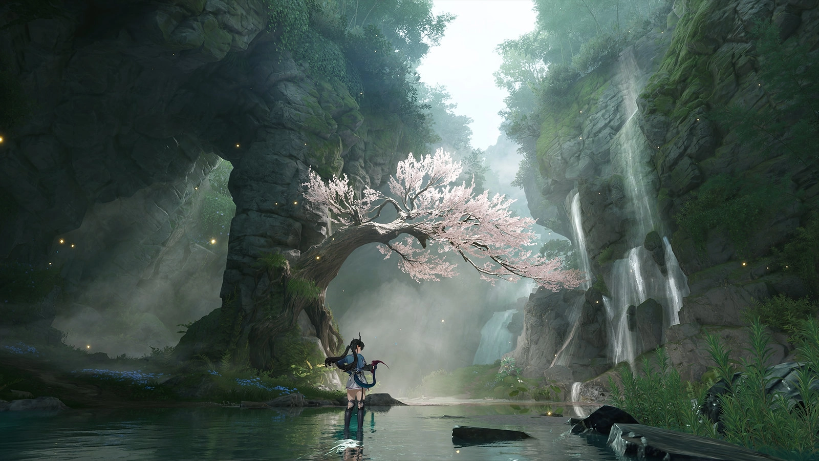 A serene landscape with a cherry blossom tree, waterfalls, and a character exploring a mystical cave environment