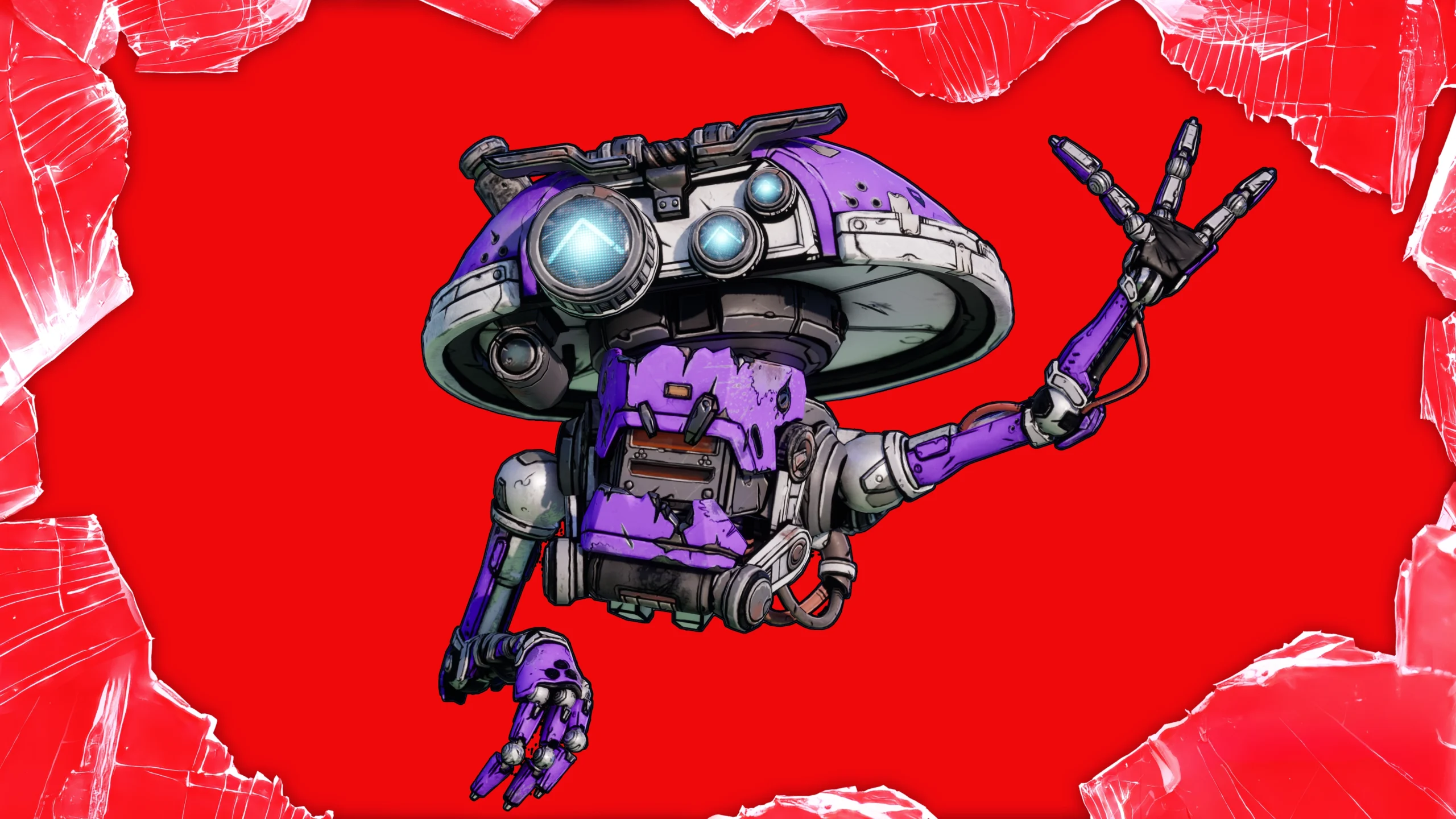 A purple ECHO-4 Drone with mechanical arms and glowing eyes against a red shattered background