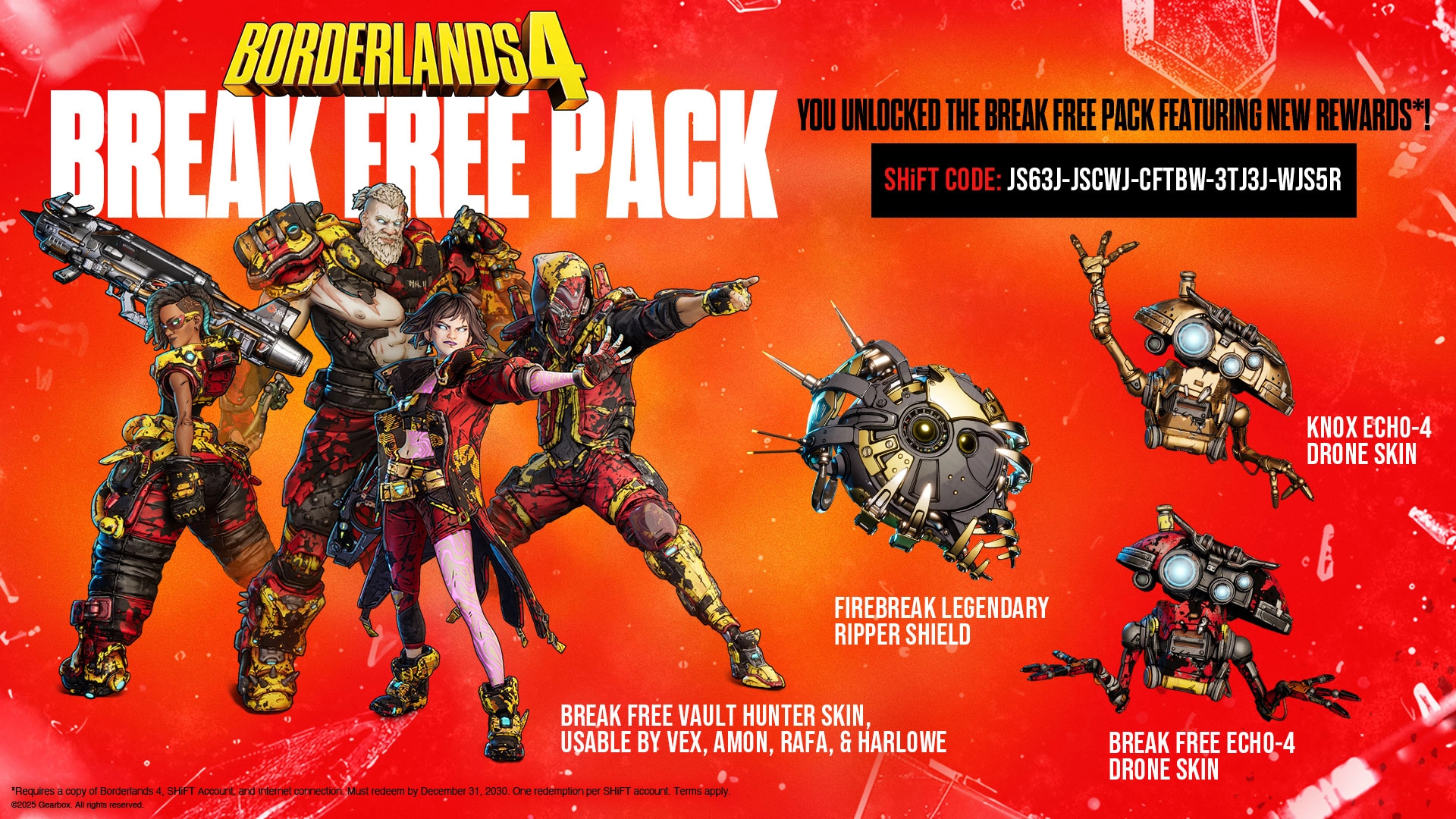 Borderlands 4 Break Free Pack featuring Vault Hunters, ECHO-4 Drone Skins, and legendary items on red background