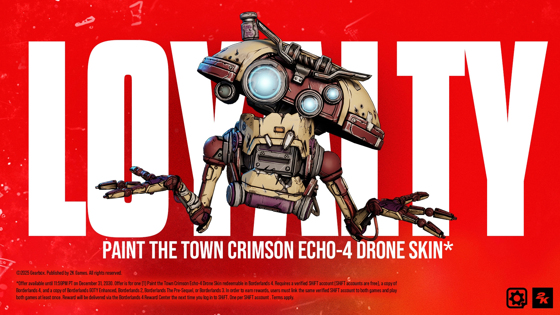 Crimson ECHO-4 Drone Skin from Borderlands 4, featuring a robotic design against a bold red background