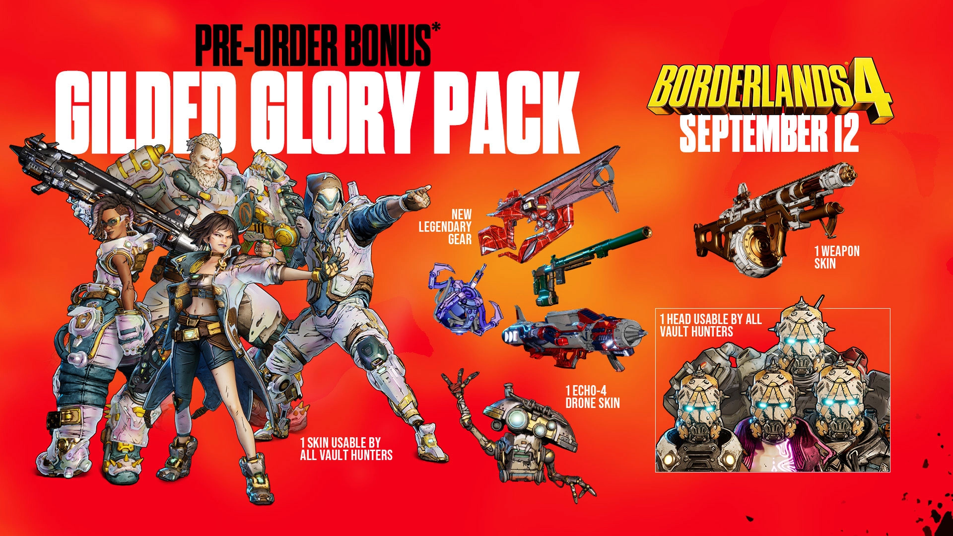 Borderlands 4 Gilded Glory Pack featuring Vault Hunters, Legendary Gear, and ECHO-4 Drone Skin
