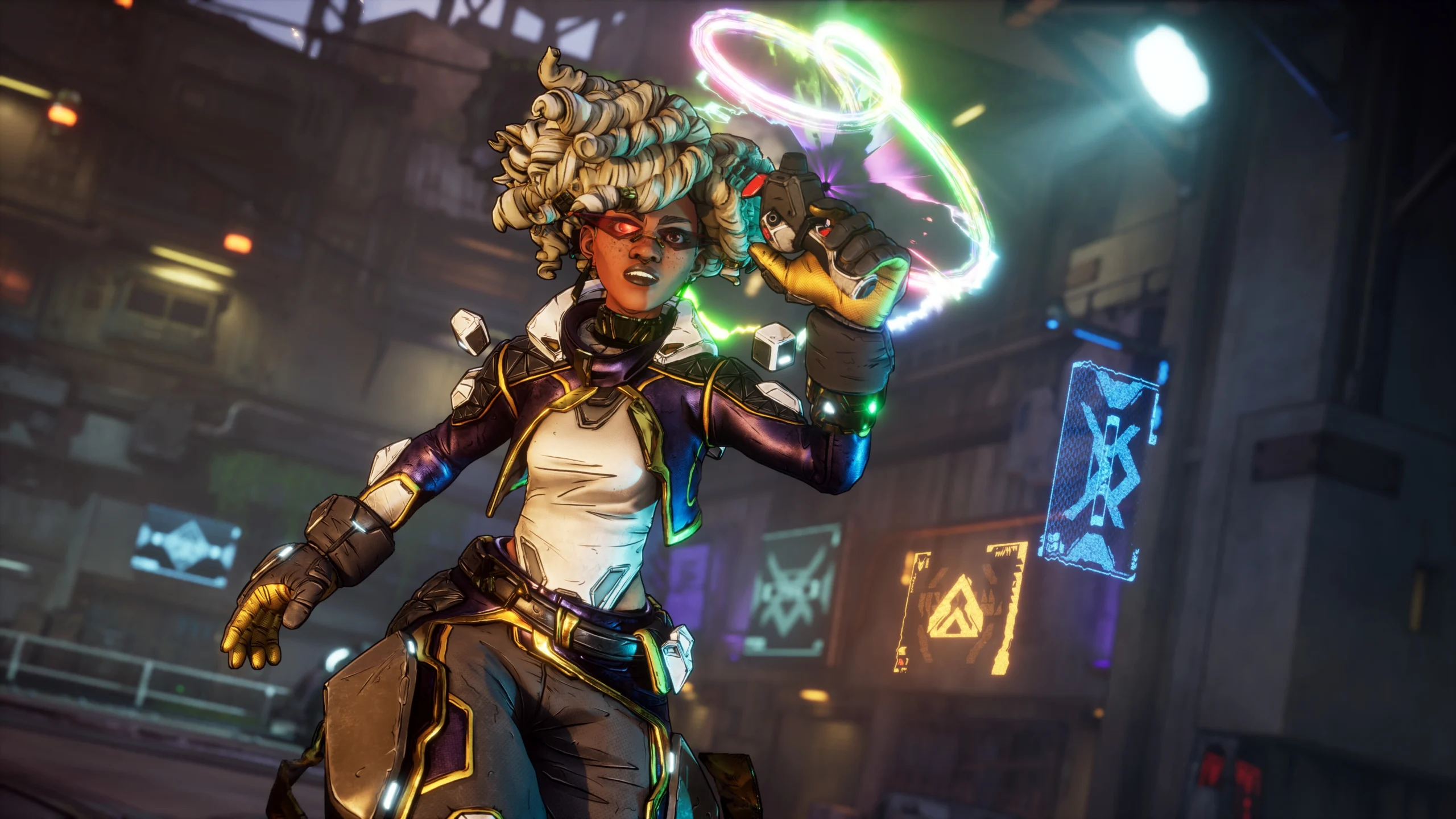 A character in futuristic armor holding a glowing weapon in a vibrant, neon-lit environment