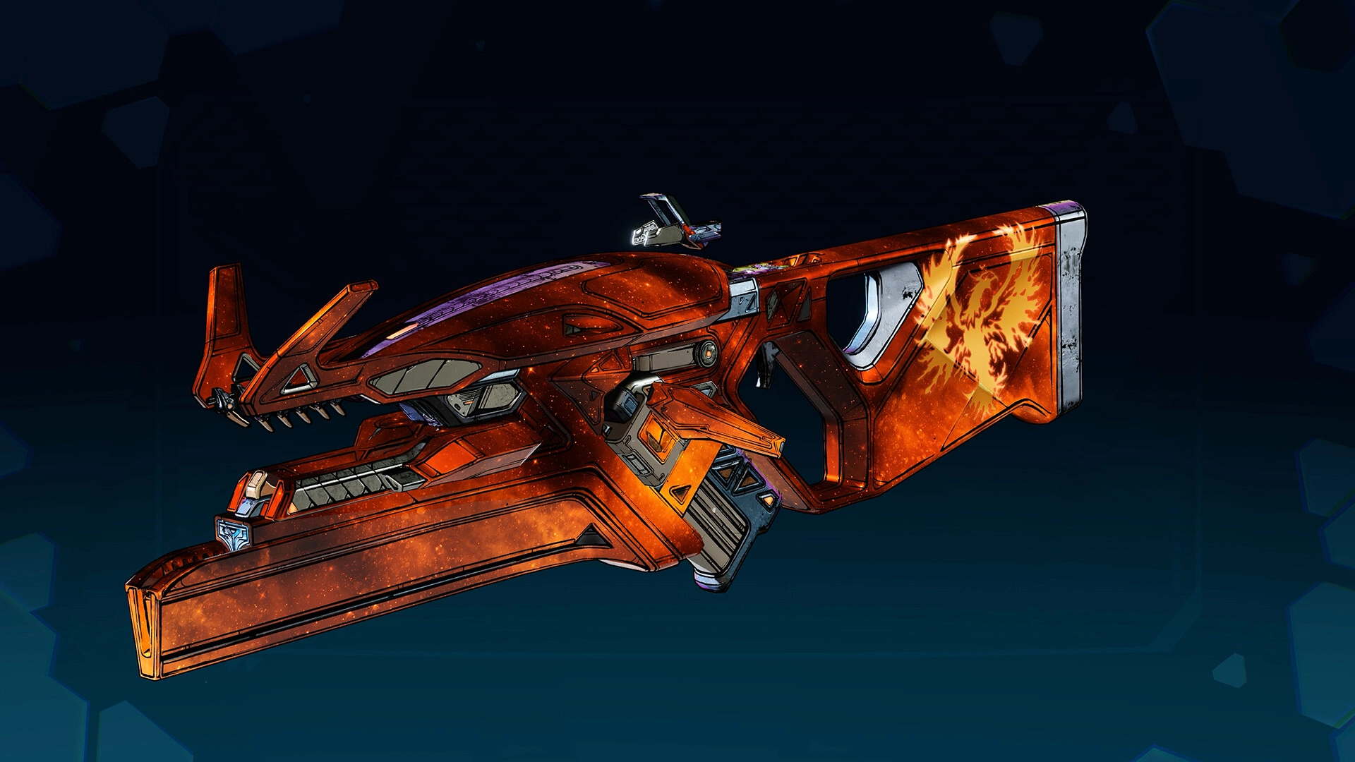 Futuristic orange shotgun with intricate design, featured in Borderlands 4 as a Legendary weapon
