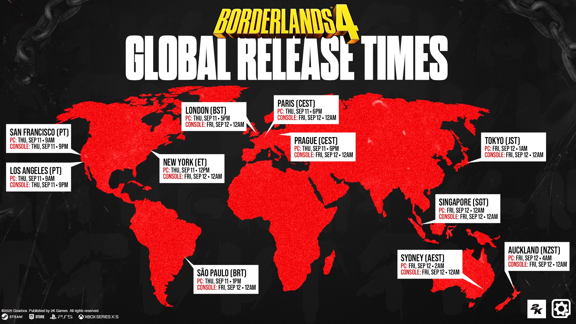 World map displaying Borderlands 4 global release times for various cities across different time zones