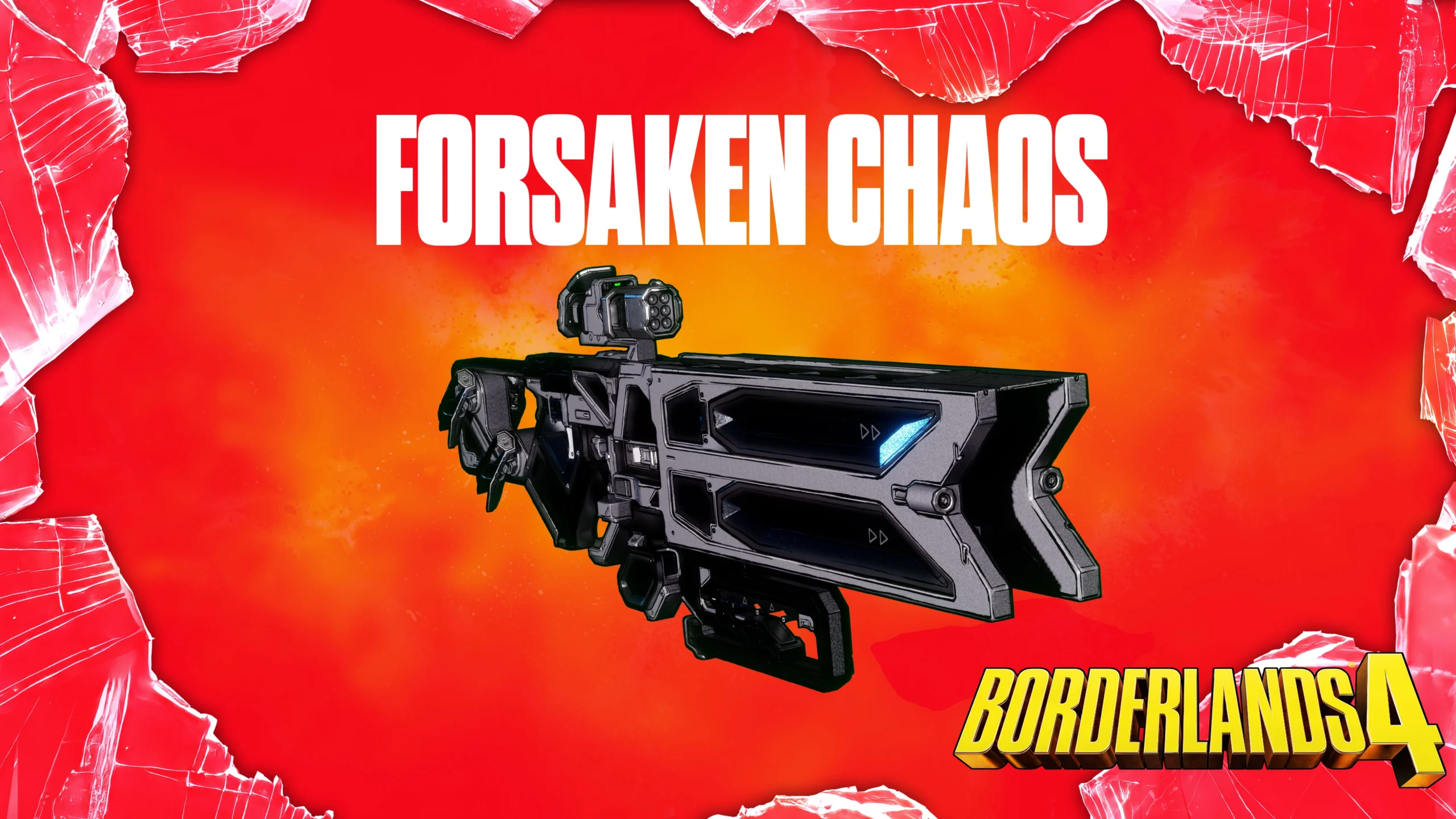 Futuristic weapon from Borderlands 4 against a fiery backdrop, showcasing the Forsaken Chaos gun design