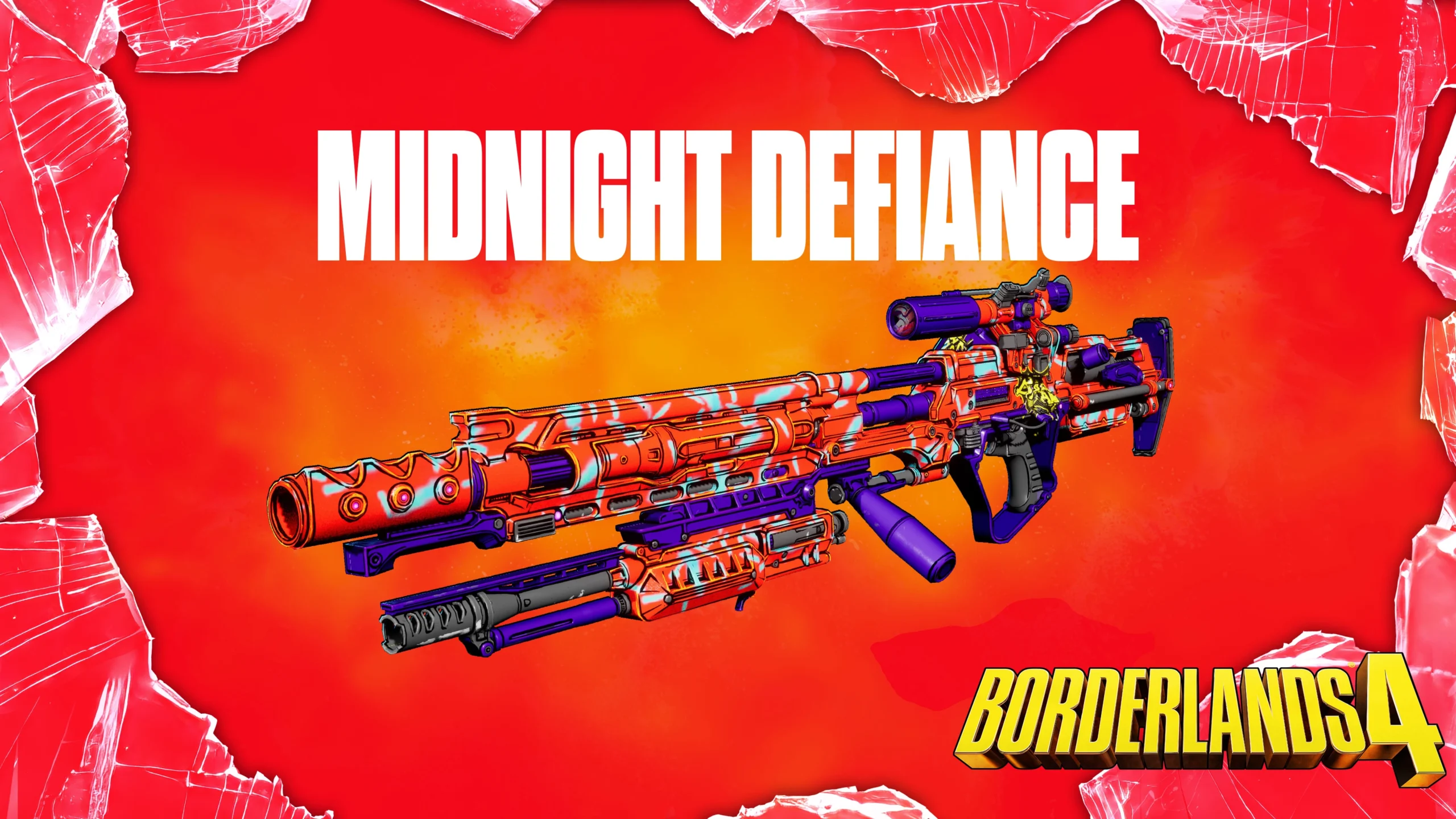 Vibrant red and purple sniper rifle named Midnight Defiance from Borderlands 4 against a fiery backdrop