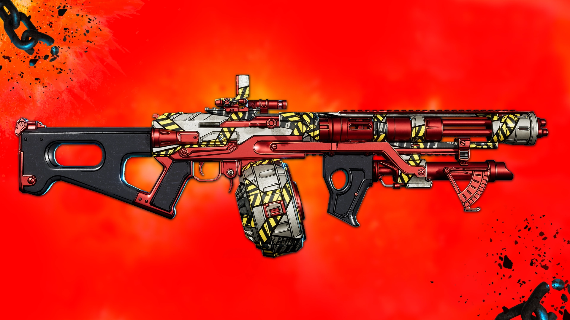 A colorful, futuristic weapon from Borderlands 4 against a vibrant red background with abstract details