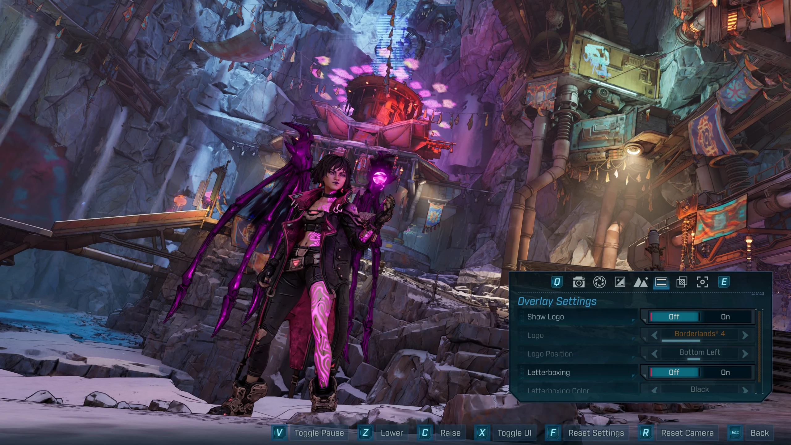 A character in a vibrant, futuristic setting with a glowing weapon, showcasing Borderlands 4's Photo Mode UI