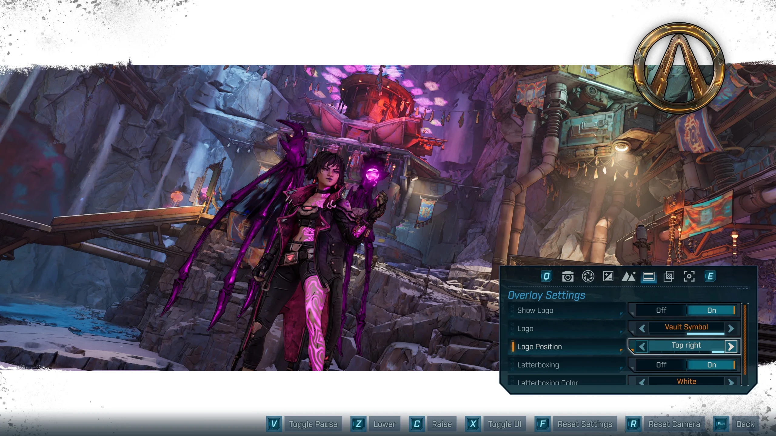 A character with purple energy stands in a rocky area, surrounded by vibrant structures and UI settings visible