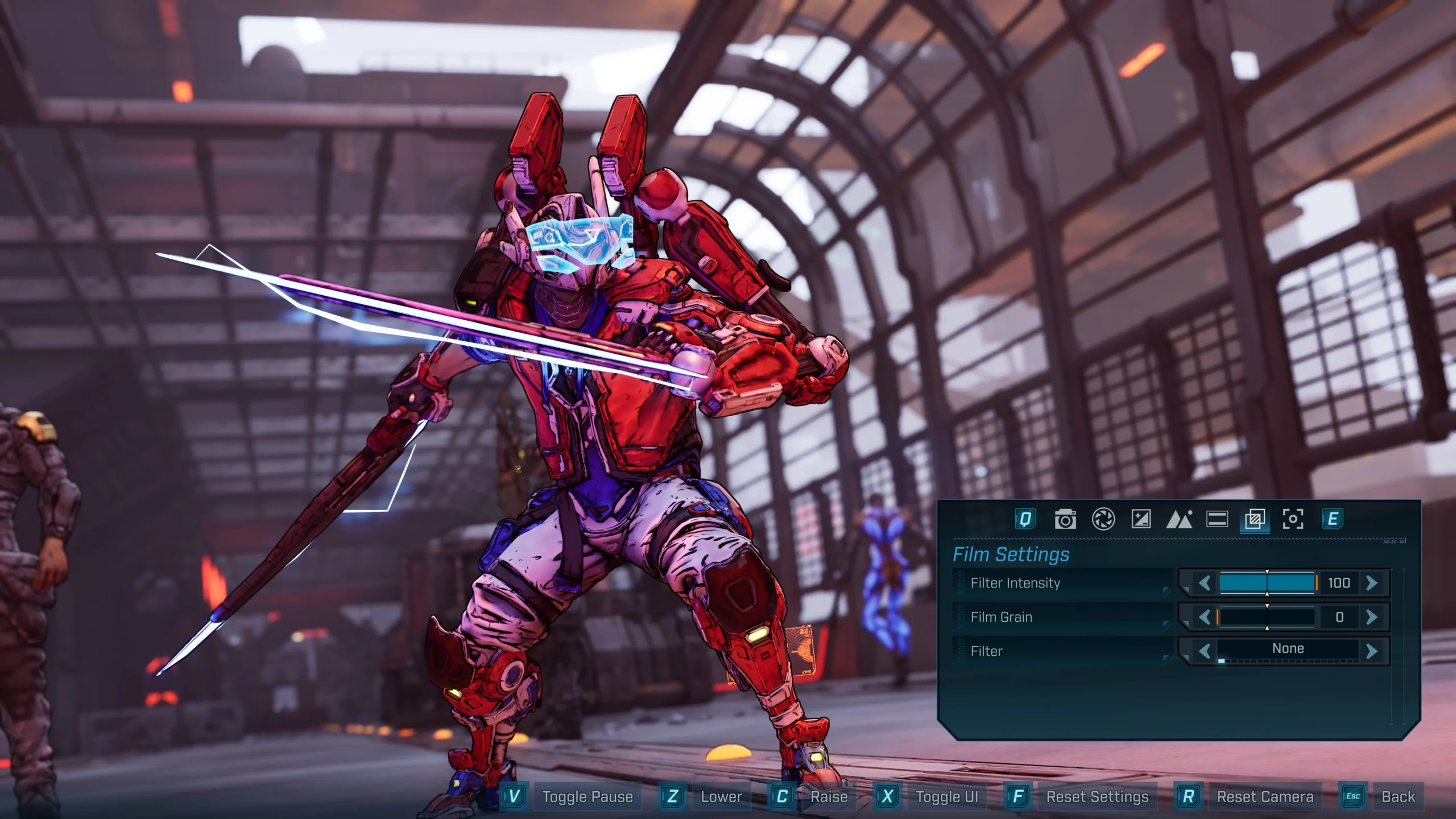 A character in futuristic armor poses with glowing swords in Borderlands 4's Photo Mode interface