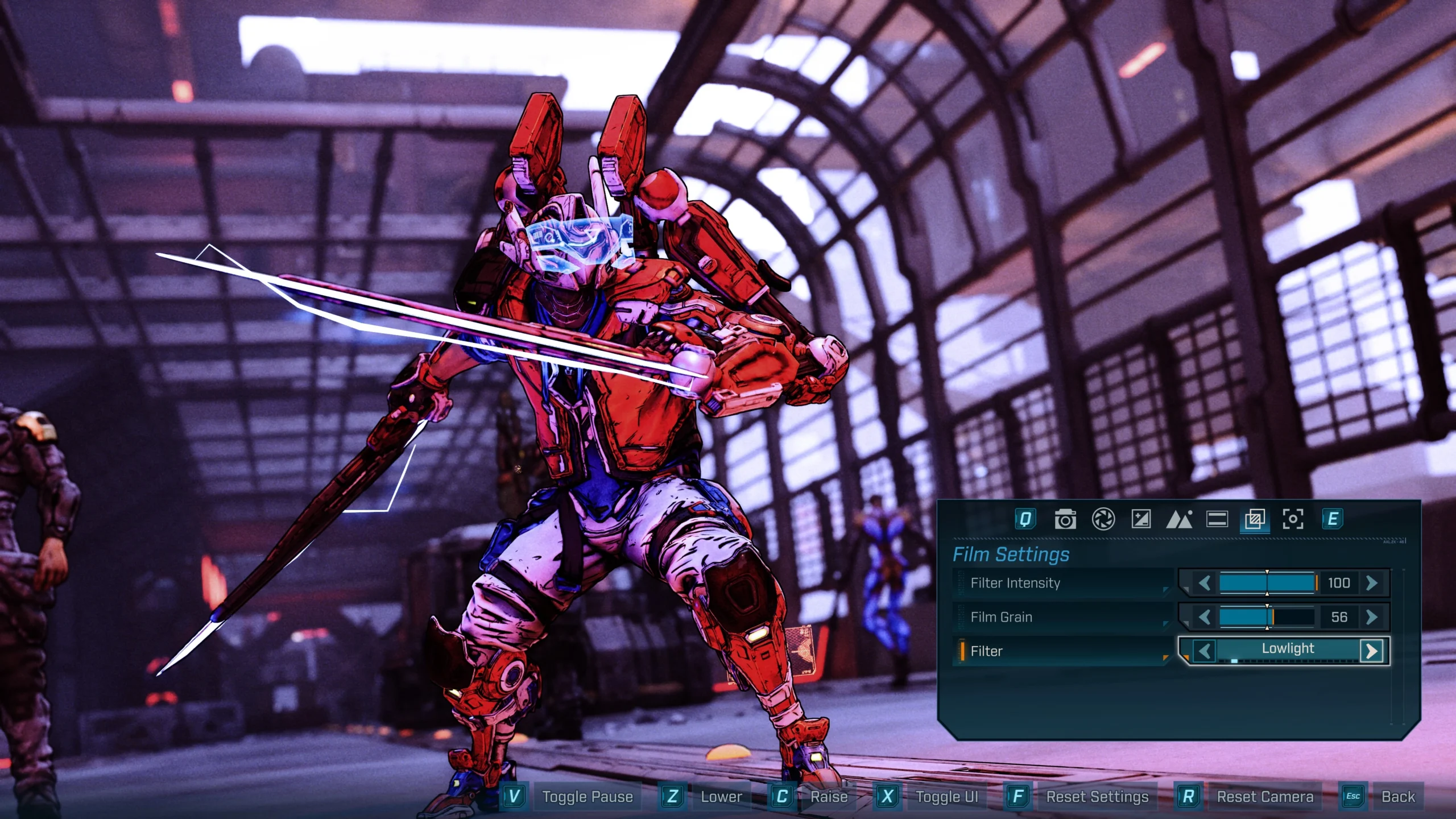 A futuristic warrior in vibrant armor poses with dual energy swords in Borderlands 4's Photo Mode interface