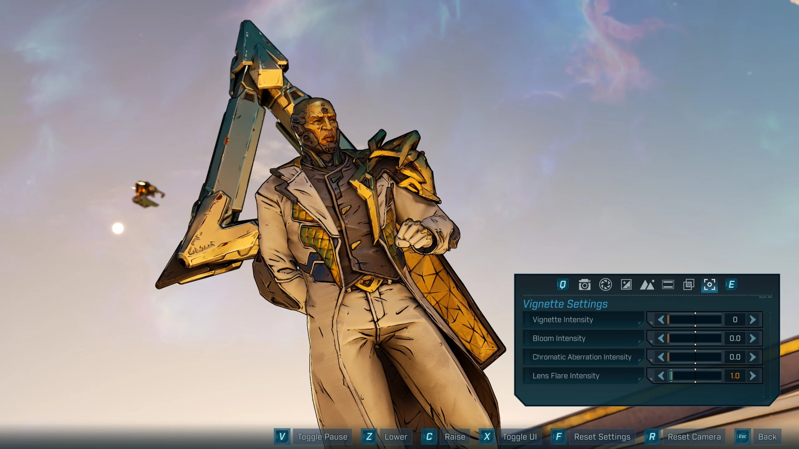 A character in stylish attire poses with a futuristic weapon, showcasing Borderlands 4's Photo Mode features