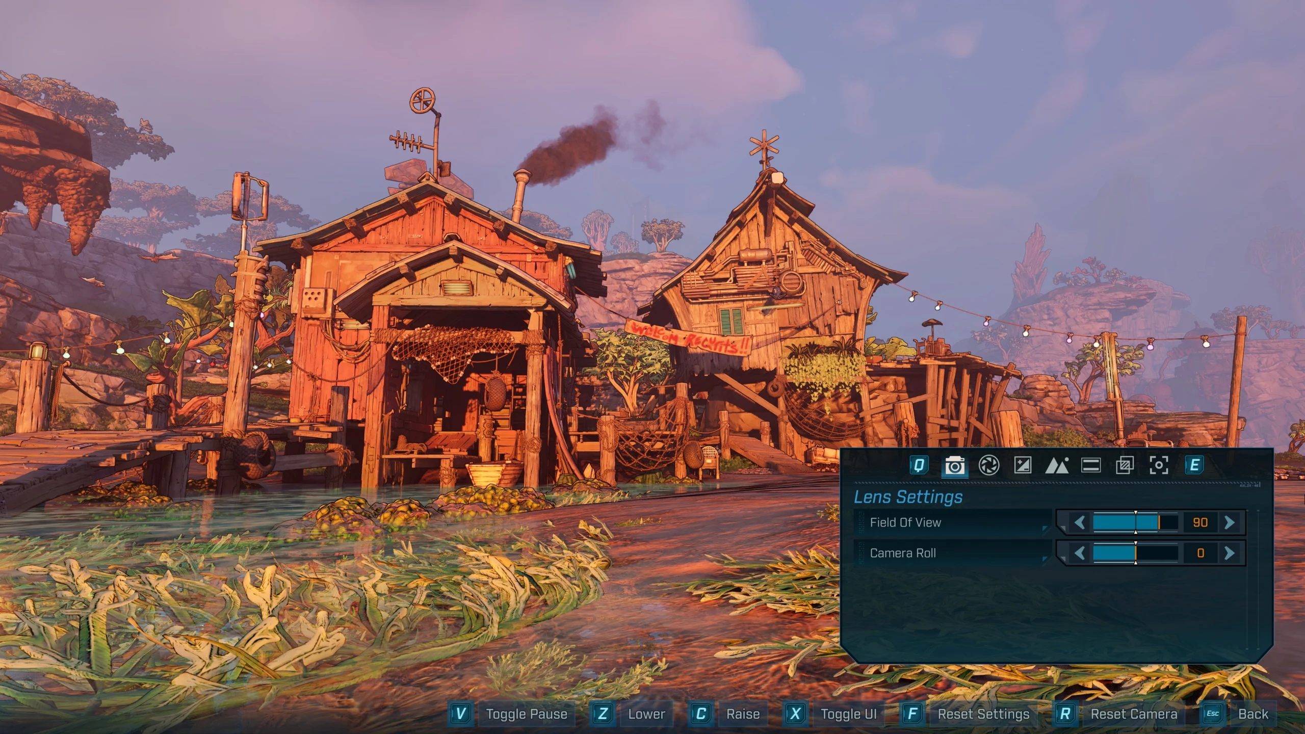 Two rustic wooden shacks under a pink sky with Photo Mode settings overlay displayed on the screen