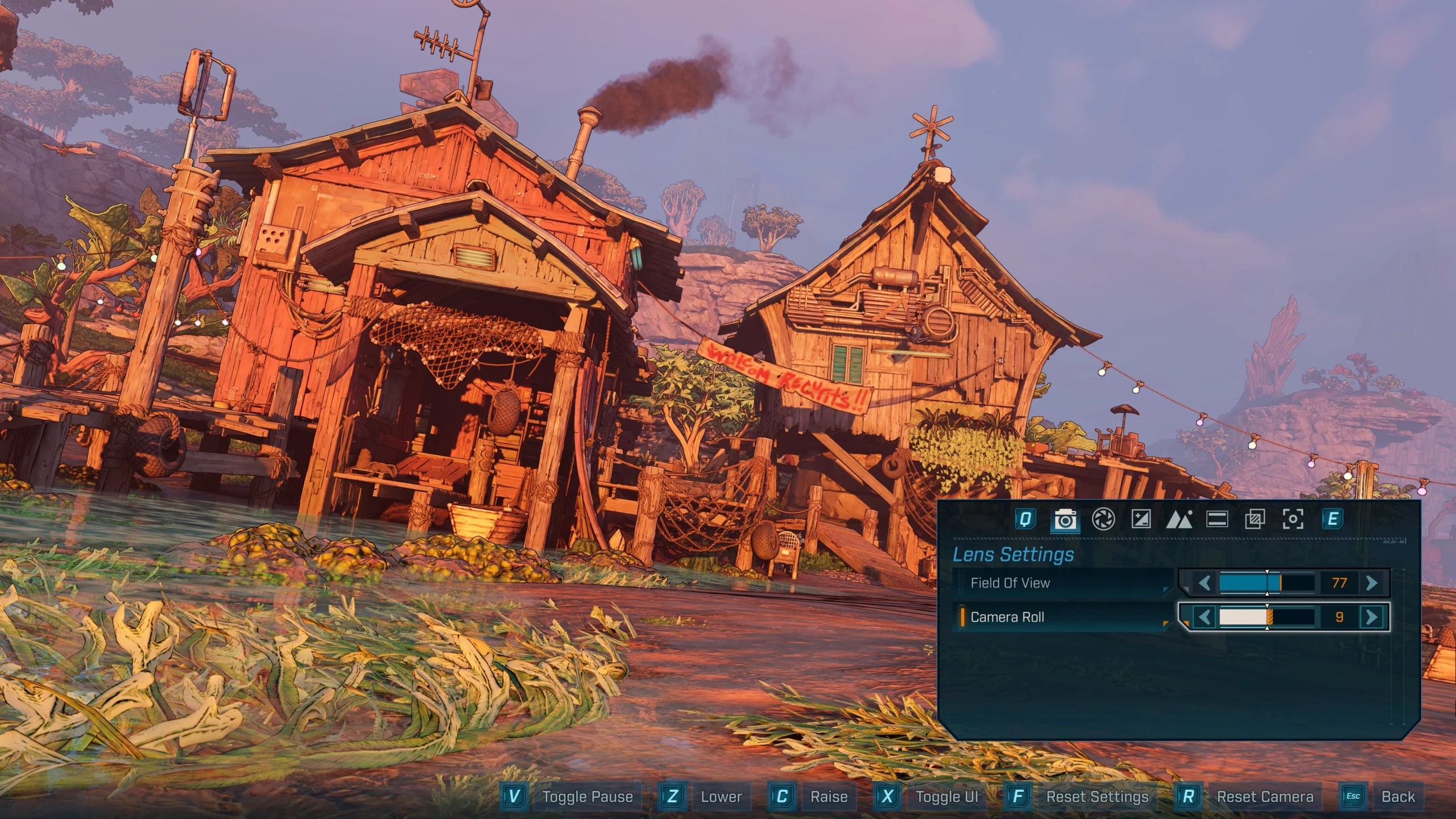 Rustic wooden huts with smoke rising, surrounded by lush greenery; Borderlands 4 Photo Mode UI visible