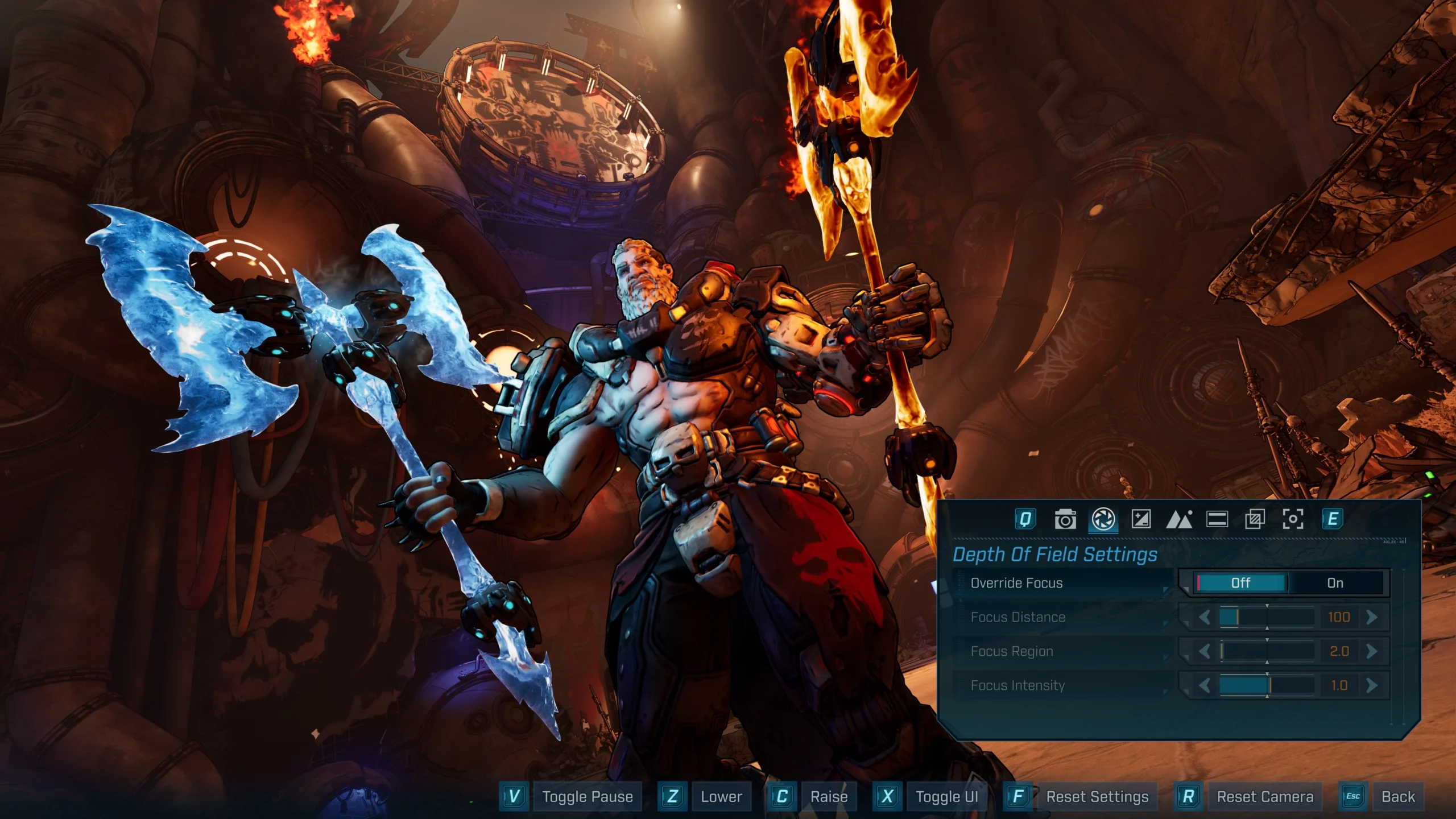 A powerful character wielding fiery and icy weapons in Borderlands 4's Photo Mode with settings menu visible