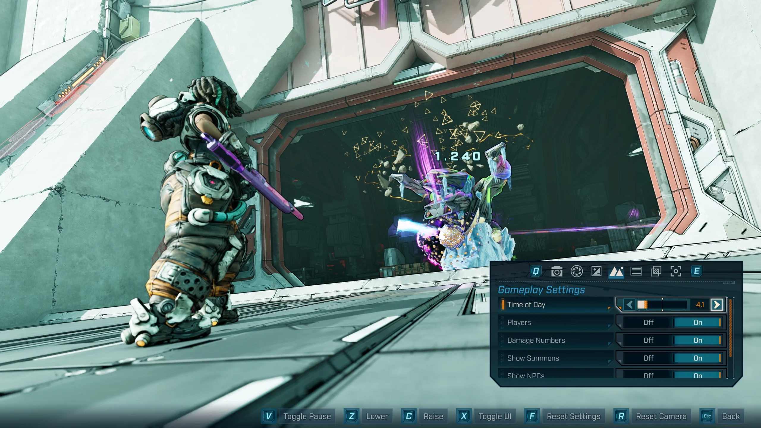 A player character with a purple weapon faces a robotic enemy in a futuristic setting, Photo Mode UI visible