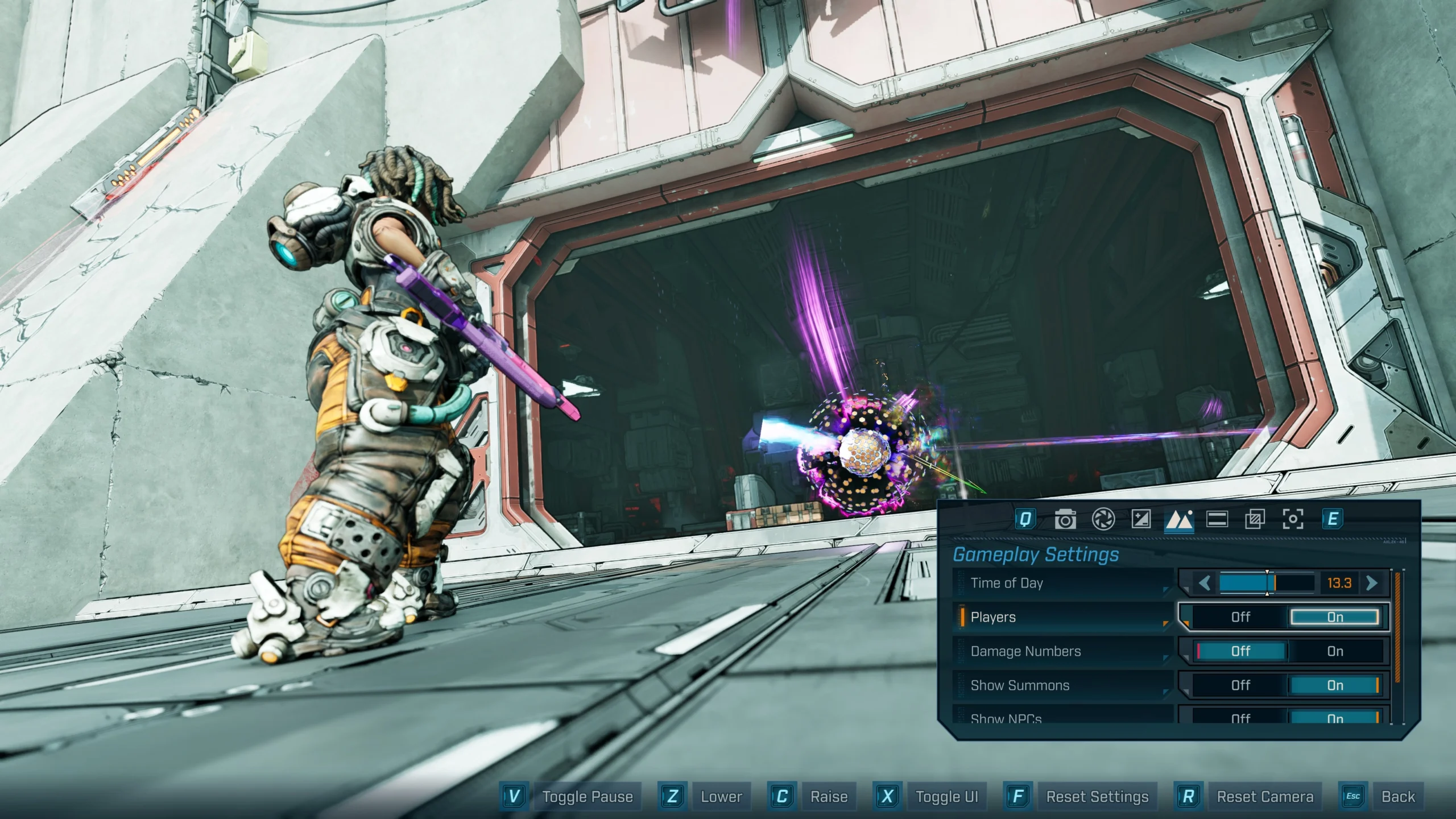 A character in futuristic armor aims a glowing weapon at a floating orb, with Photo Mode settings visible