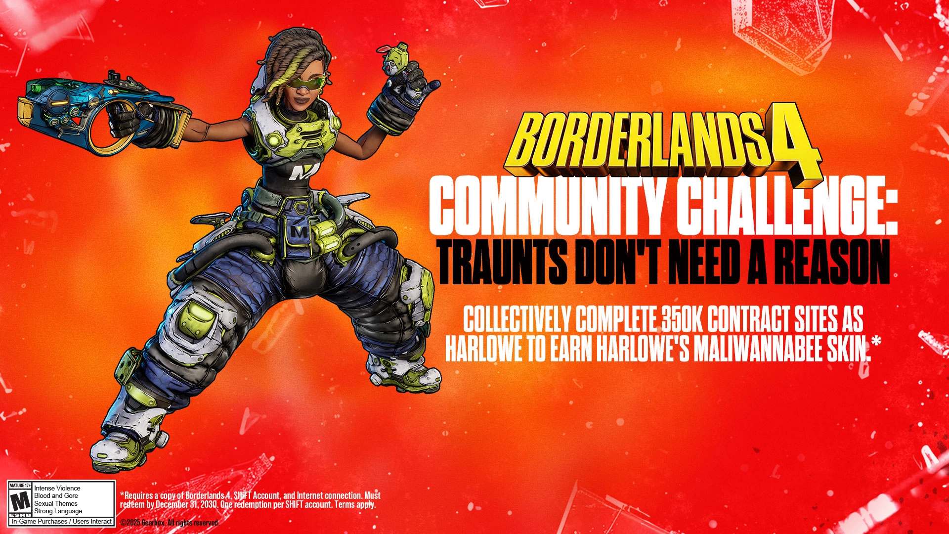 Harlowe the Gravitar in action, wielding futuristic weapons, promoting Borderlands 4 Community Challenge