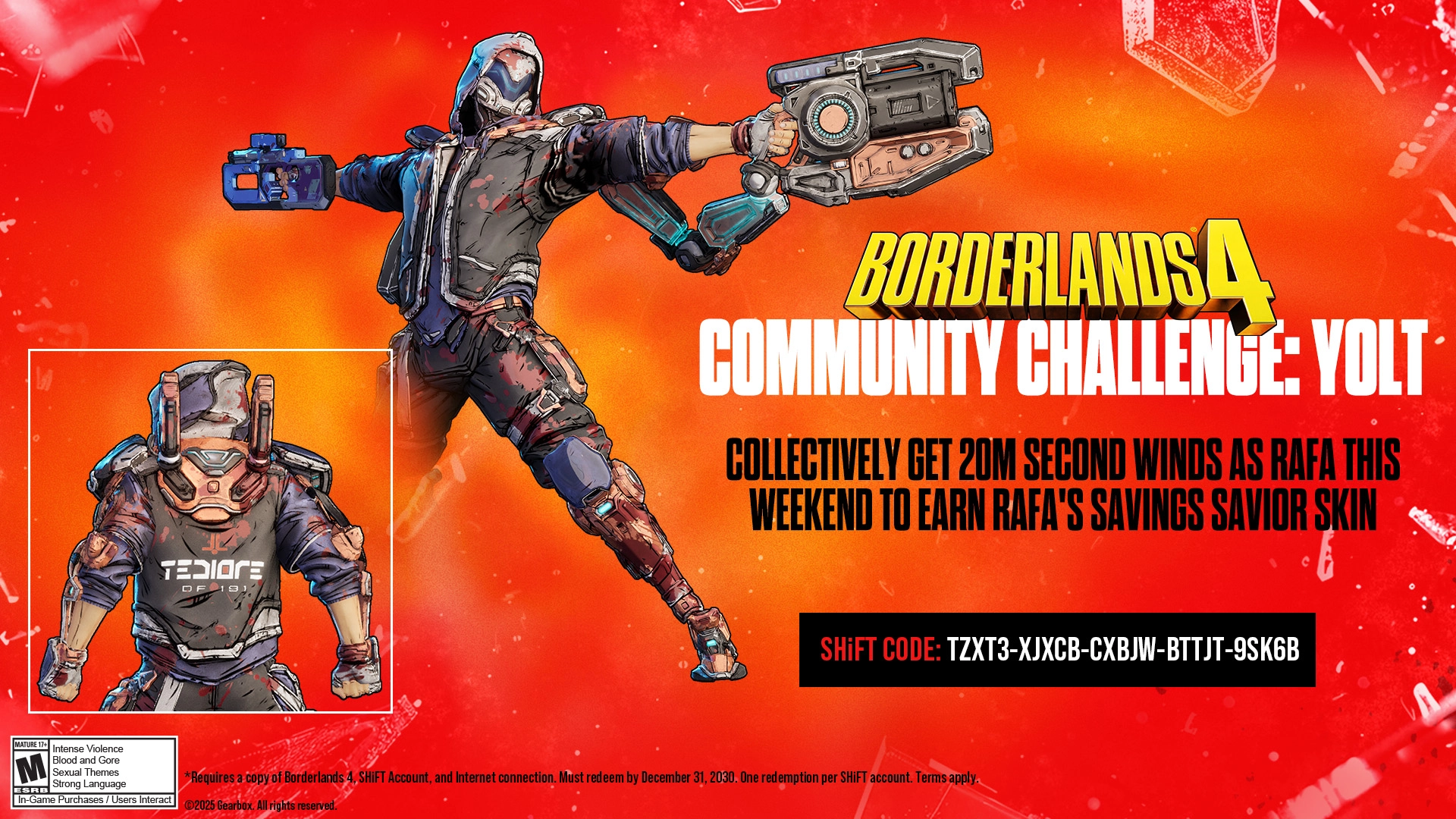 Rafa the Exo-Soldier in action, promoting the Borderlands 4 Community Challenge with SHiFT code details