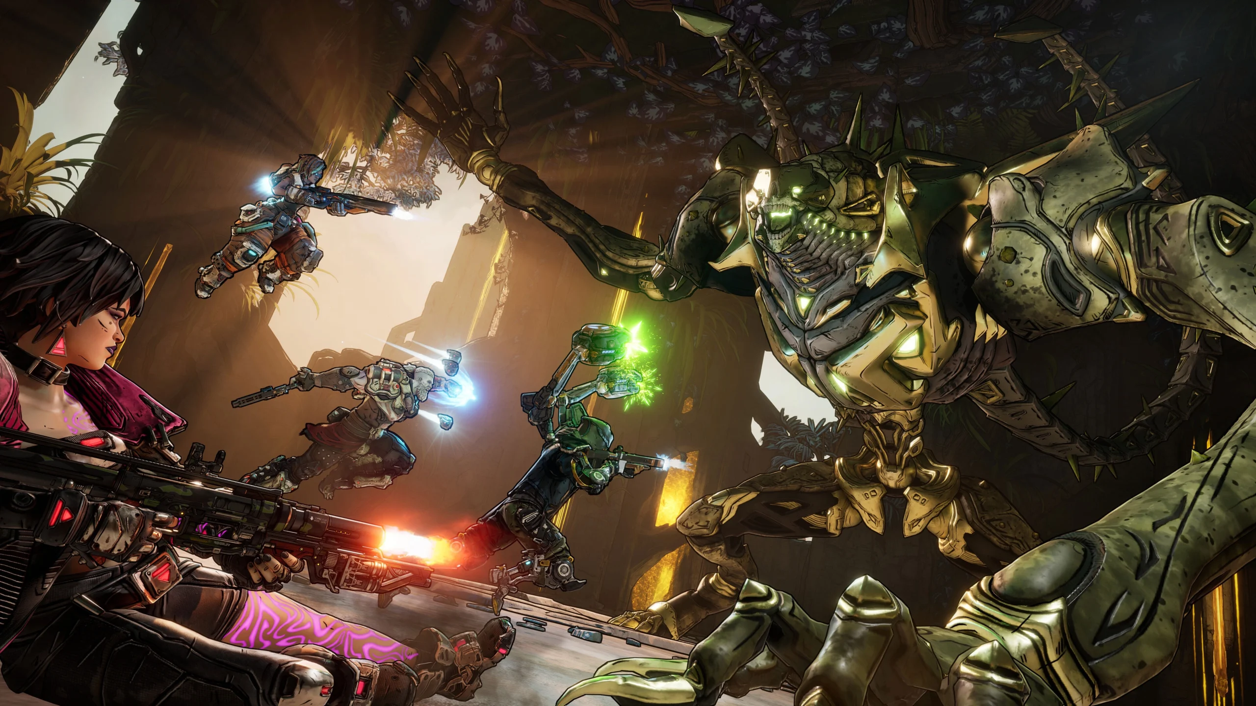 Vault Hunters battling a giant armored creature in a lush, alien environment in Borderlands 4 game scene
