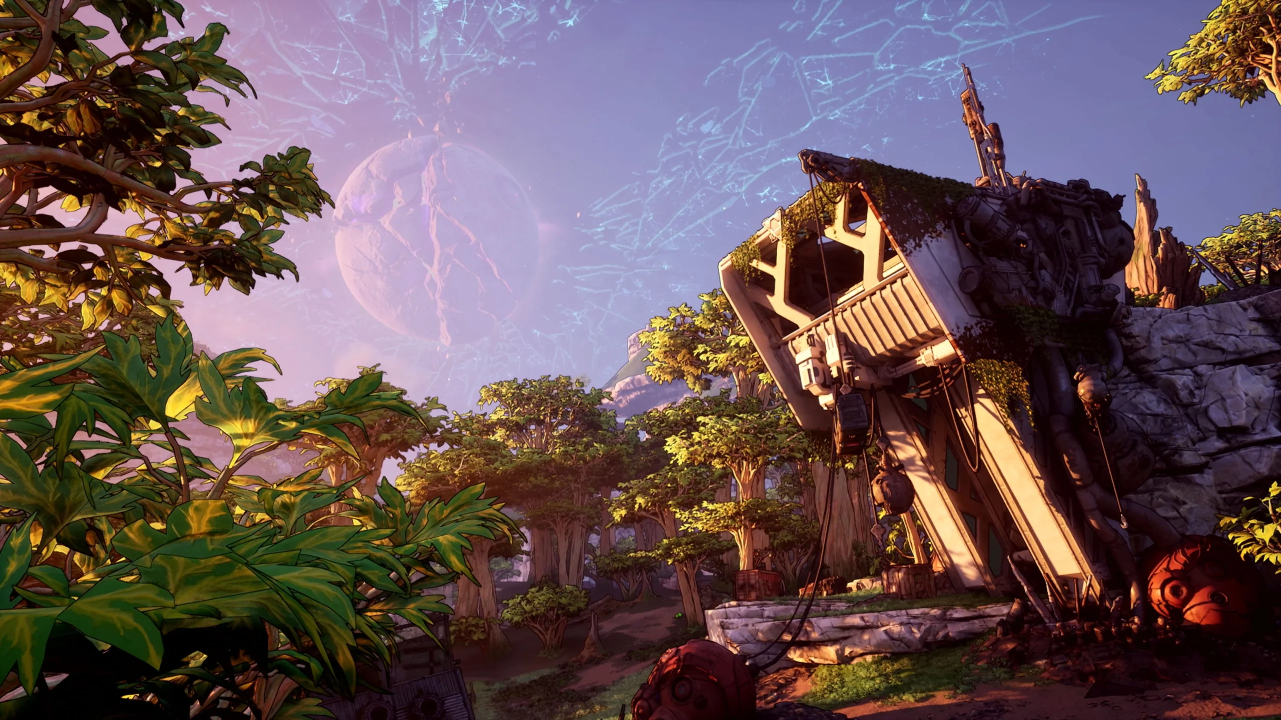 Ruined structure on Kairos with lush vegetation, set against a vibrant sky in Borderlands 4 environment