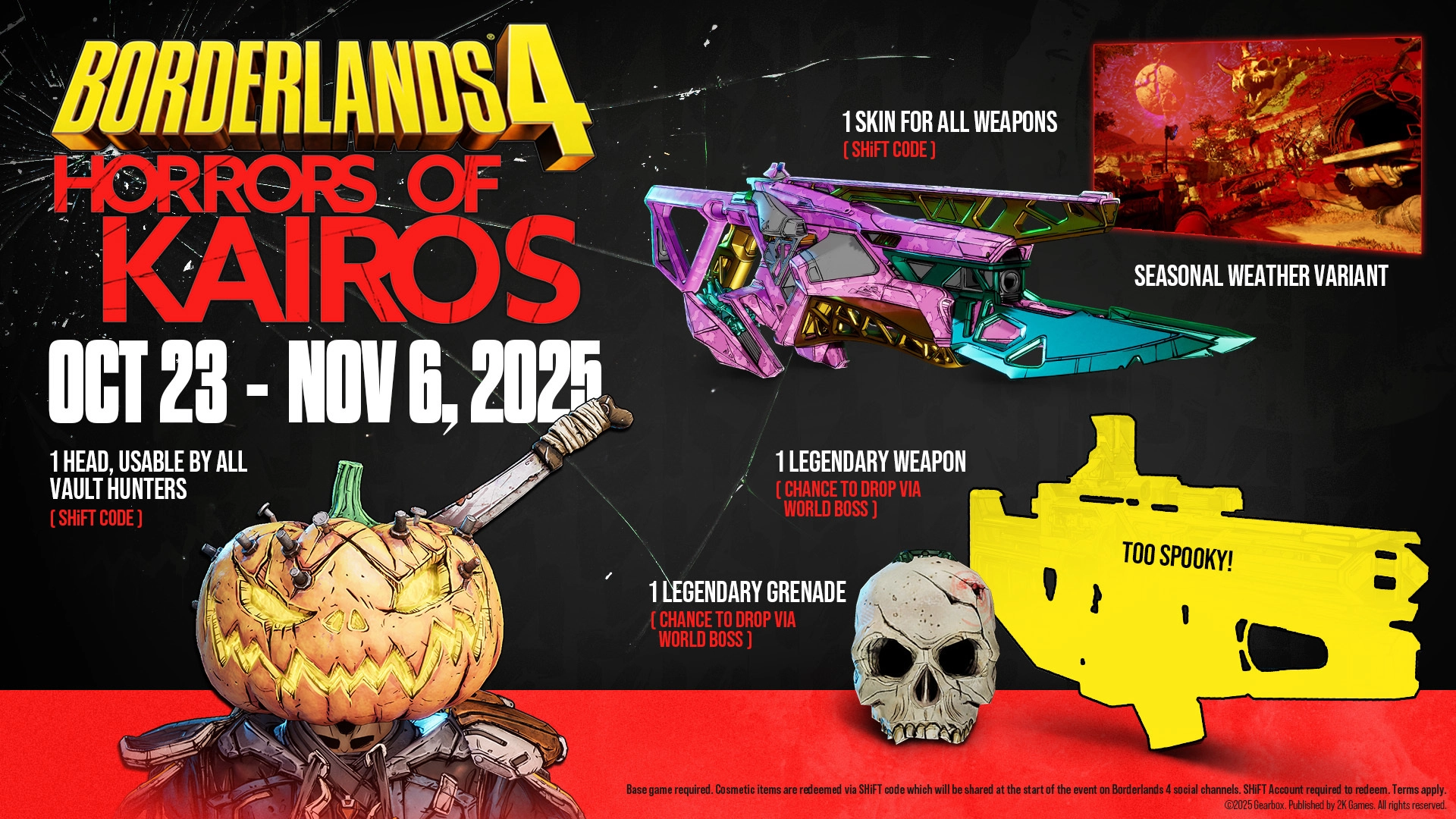 Borderlands 4 Horrors of Kairos event poster with weapons, grenade, and pumpkin-headed character