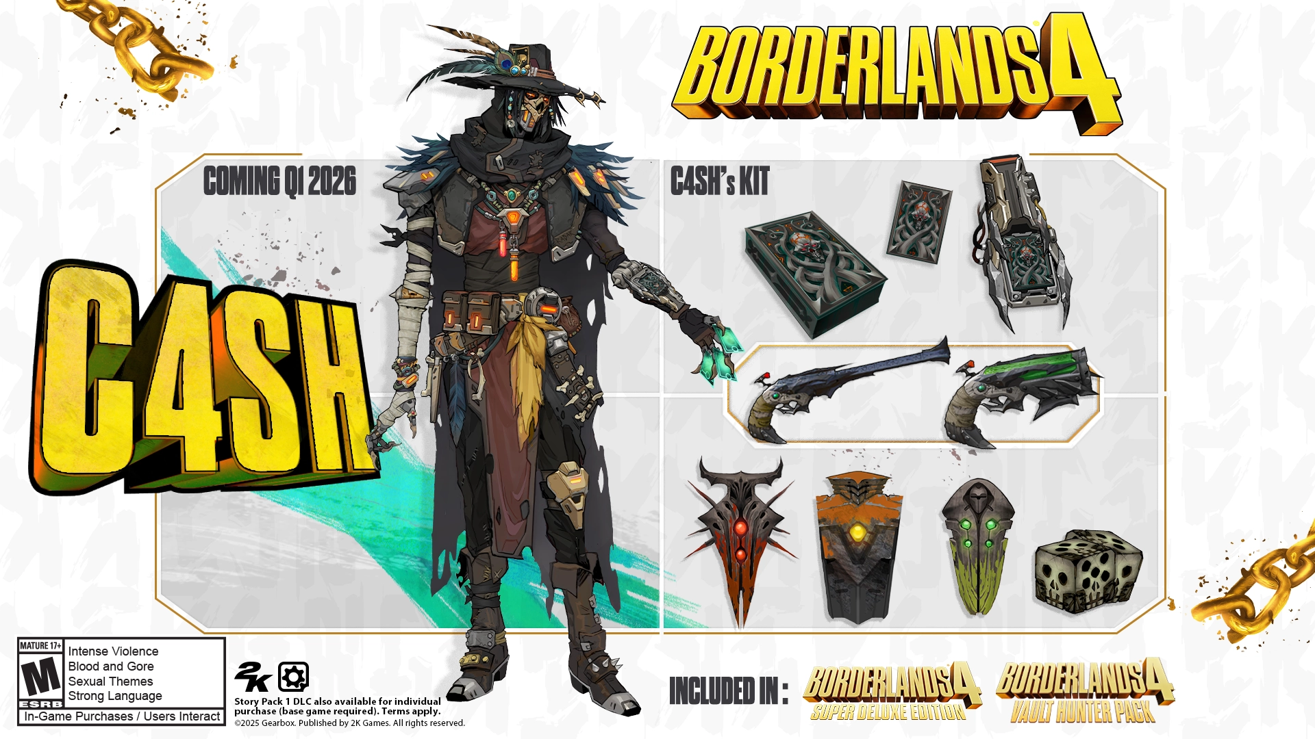 Character G4SH from Borderlands 4 with weapons and gear, showcasing upcoming content for players