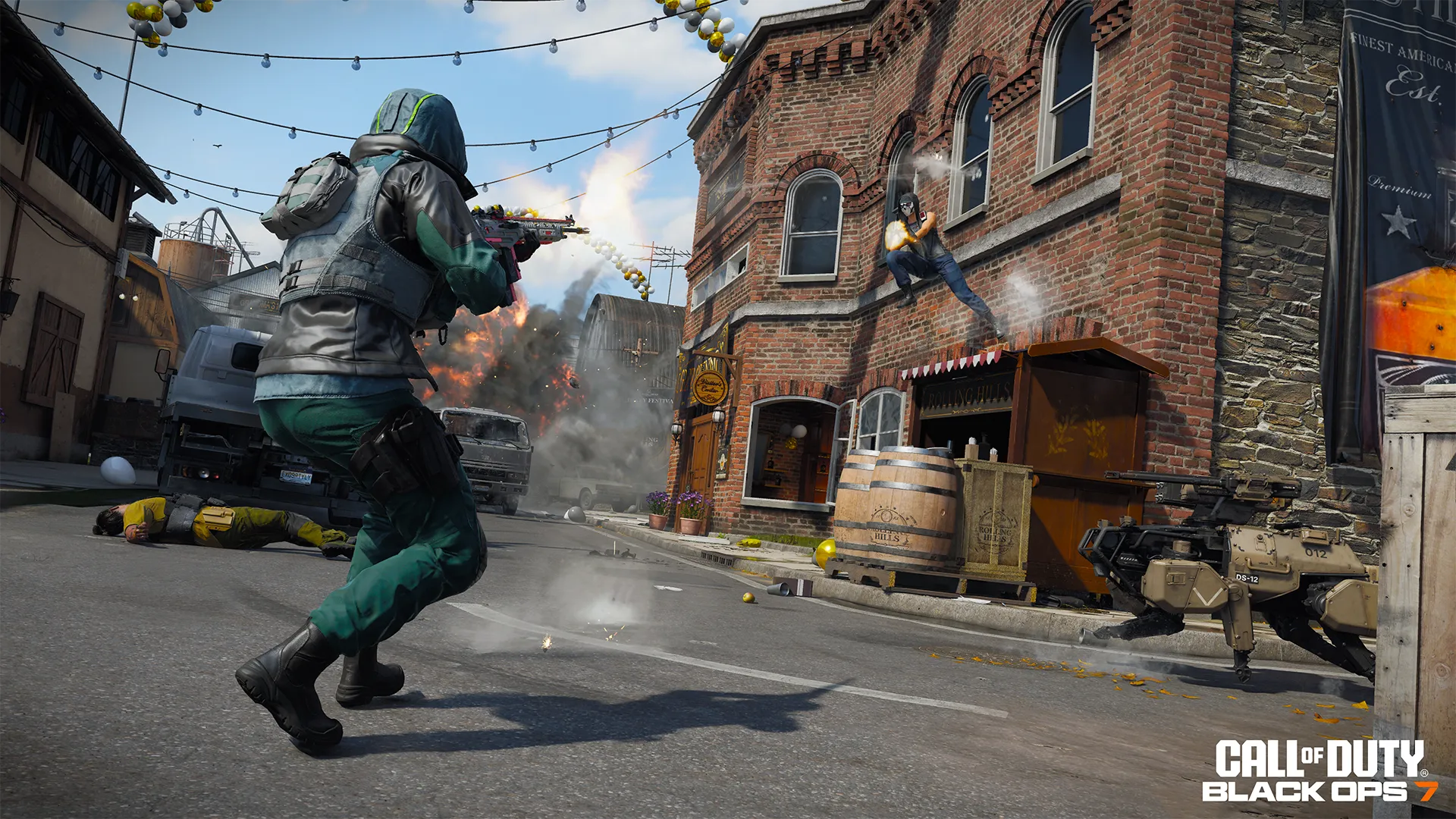 Action-packed Call of Duty gameplay scene featuring intense battle in a Wasteland-themed environment with characters in co...